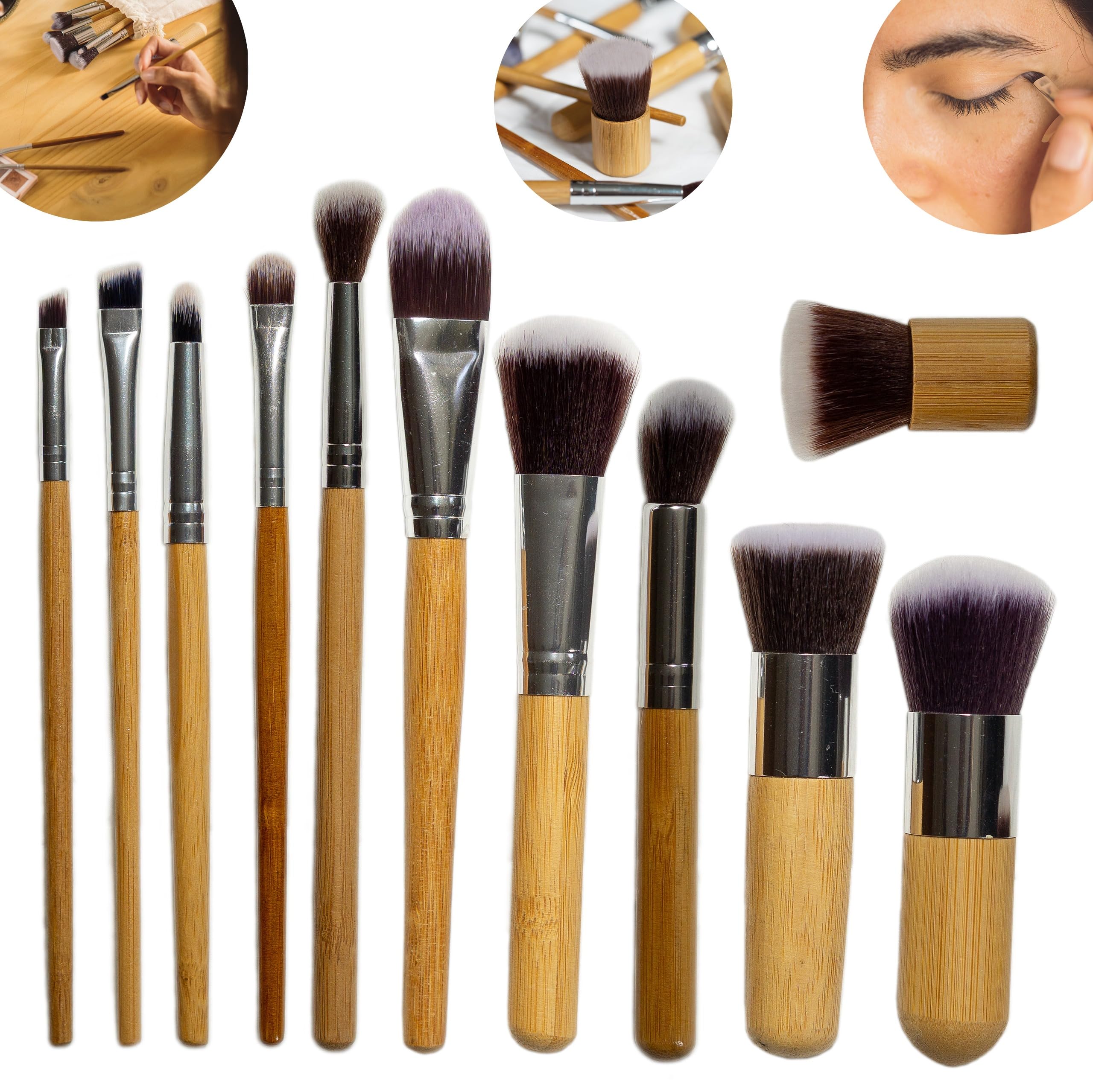 Pinceles para Maquillar: Juego de 11 brochas para maquillarte, aplica crema, polvos y líquidos, difumina y perfila tu rostro. Mango de Bambú: Suave al tacto. Fibra Sintética: versátil, suave y sedosa