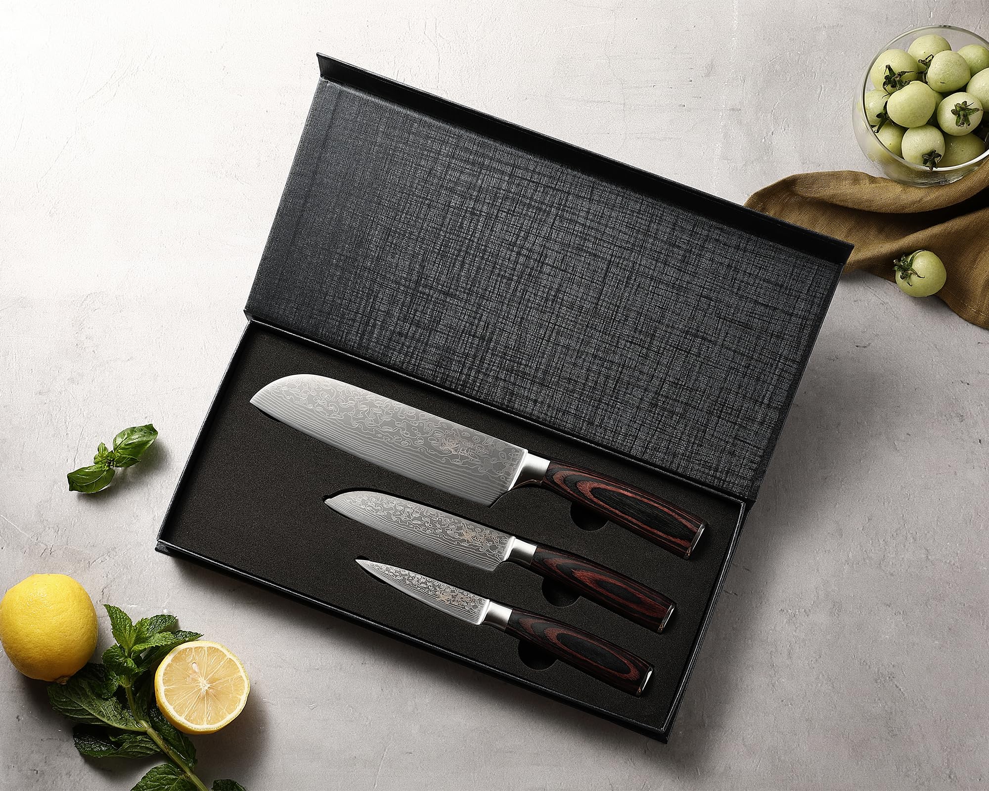 3-teiliges Messerset, Edelstahl, Damast-Optik, Pakkaholzgriff | Scharfes Küchenmesser Set: Klingenlängen 17–9 cm, langlebige Edelstahlklingen, in Geschenkbox