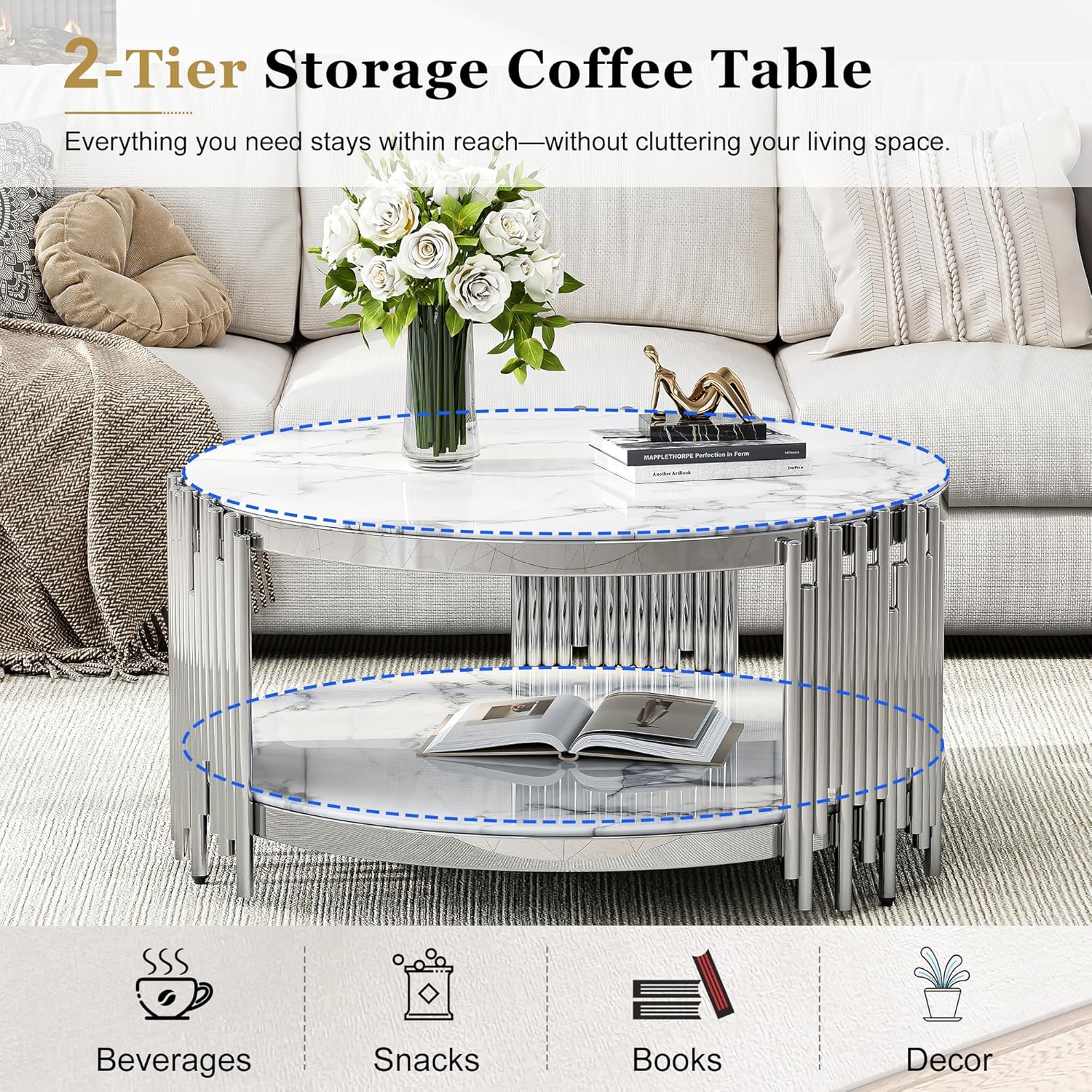 Round 2-Tier Coffee Table, 37" White Faux Marble Top and Silver Stainless Steel Frame, Luxury Modern Center Table for Living Room, Office or Apartment
