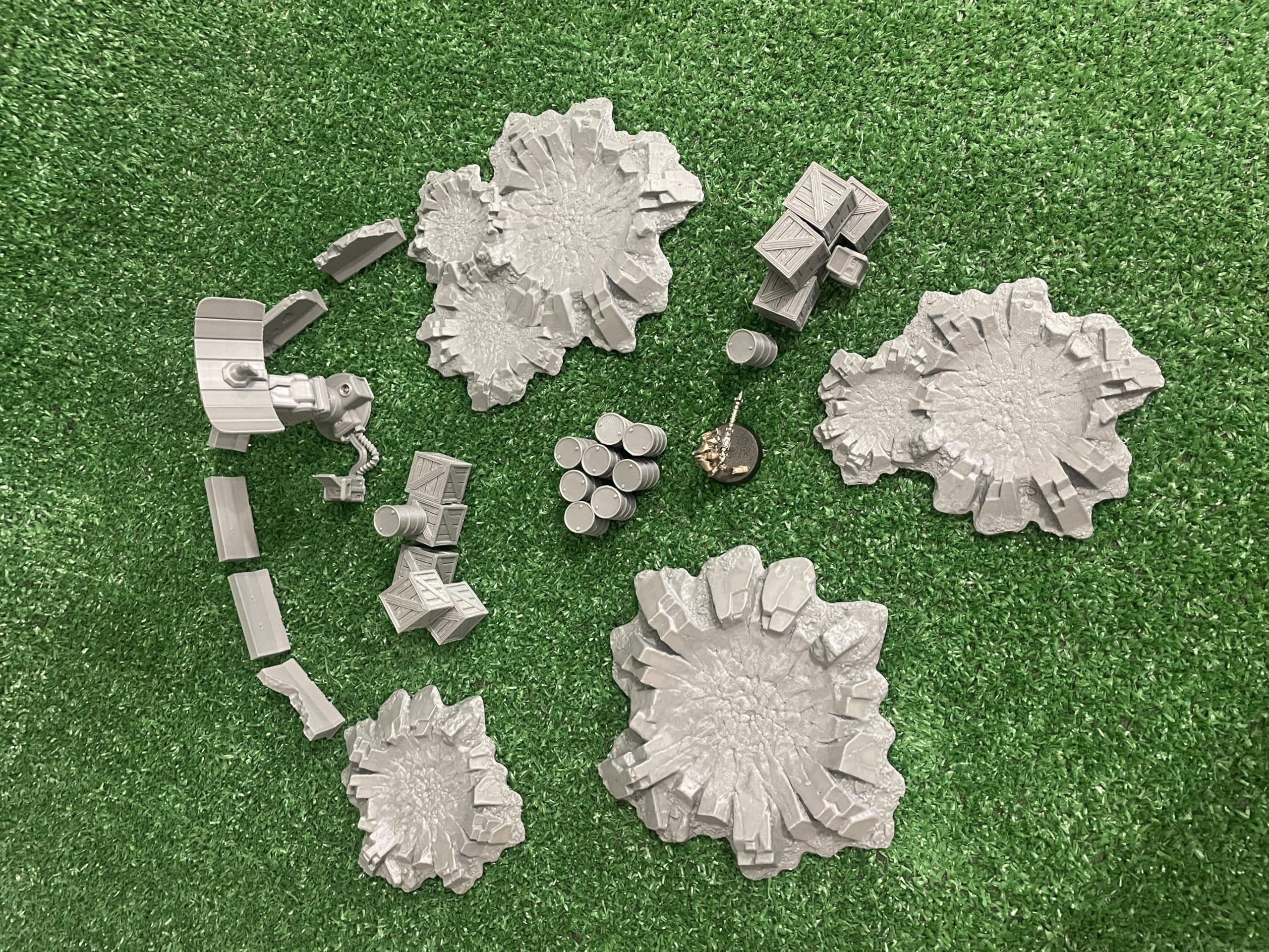 Craters Outpost Terreno de Dispersión Sci-Fi, 4 Cráteres con Torre de Comunicaciones, Barreras Jersey, Barriles y Cajas de Suministros, 28mm-32mm, 33 Piezas