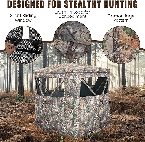 Miniatura 5 de GYMAX Persiana de caza, para 3 personas, con diseño de ciervo de camuflaje con deslizamiento silencioso, ventanas, bolsa de transporte, persiana