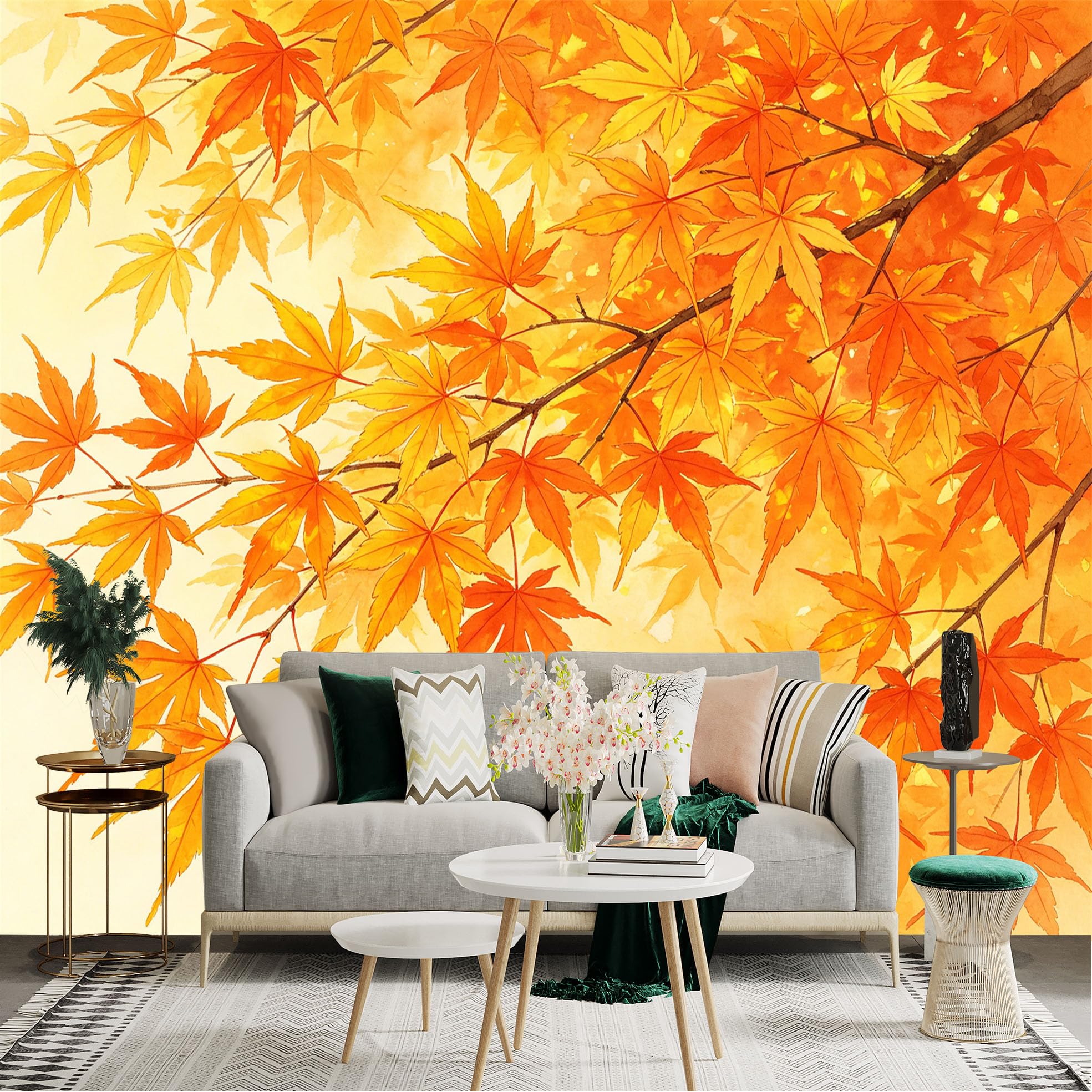 Lnzczhyre Dbh260521288 Custom Size Wall Sticker Mural， Orange Maple Leaves， Golden Autumn Foliage， Watercolor Tree Branches， Seasonal Nature Scenery， For Wall Decoration， Peelandstick Wall Decals.