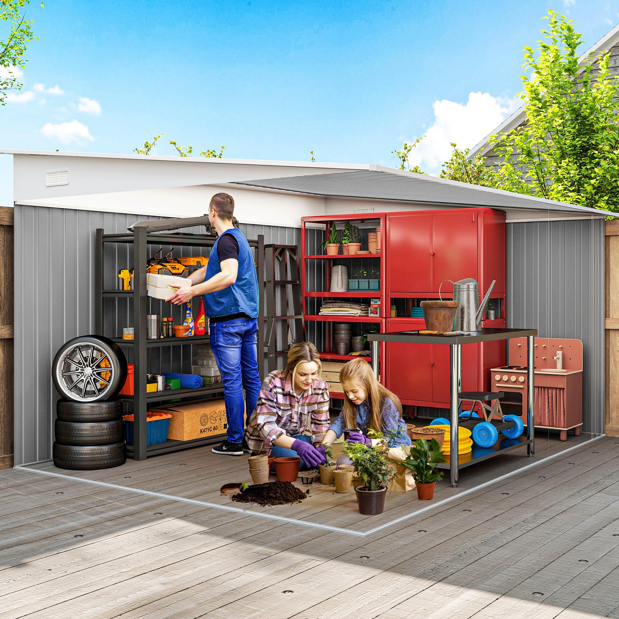 Outsunny Metall Gerätehaus 280x345x201cm 19,4m³ Gartenhaus mit Pultdach Schiebetür wetterfest Anthrazit