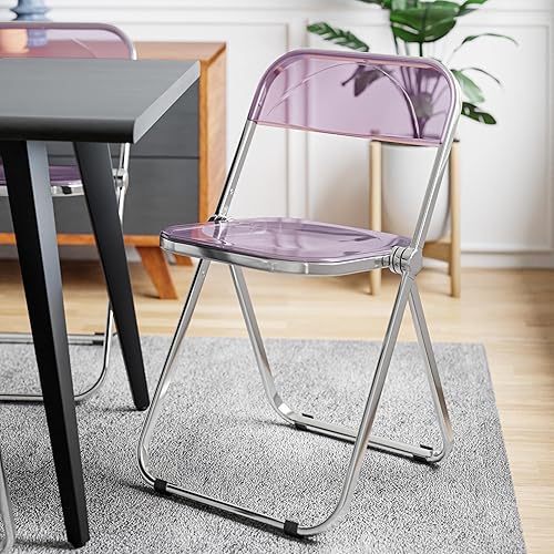 Miniatura 2 de LeisureMod Lawrence - Silla plegable de acrílico transparente moderna con marco de metal, juego de 2 (magenta)