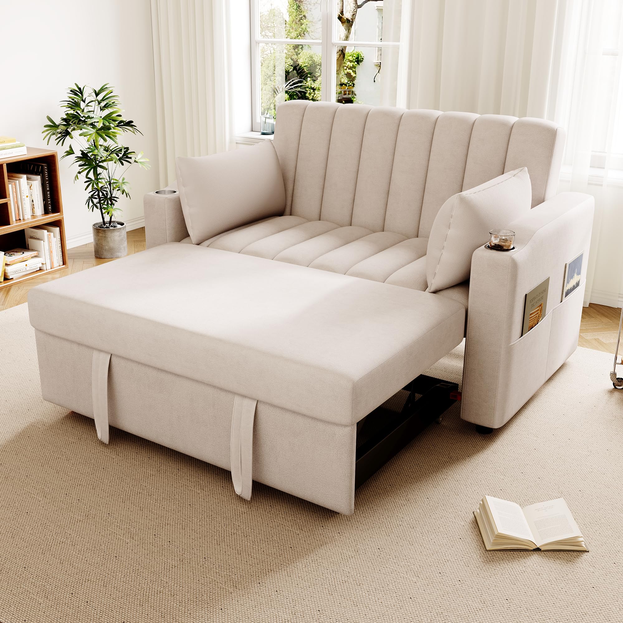 Generisch Modułowa sofa z funkcją spania z 3-stopniową regulacją, podwójne siedzisko z przyjaznej dla skóry tkaniny bawełnianej, regulowane oparcie do 180°, nośność 150 kg, 136 x 162 x 84 cm, do