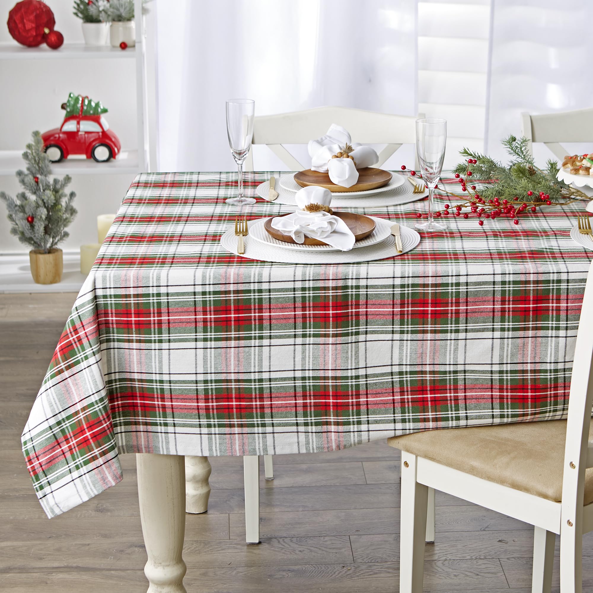 DII Tartan Plaid Collection Holiday Dining Table & Kitchen Décor, Rectangle Christmas Tablecloth, 60x84, Red, Green & White