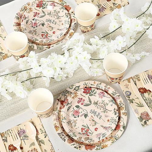 Miniatura 4 de 175 piezas de suministros florales para fiestas, platos de papel de flores, servilletas, vajillas desechables para fiestas para 25 invitados,