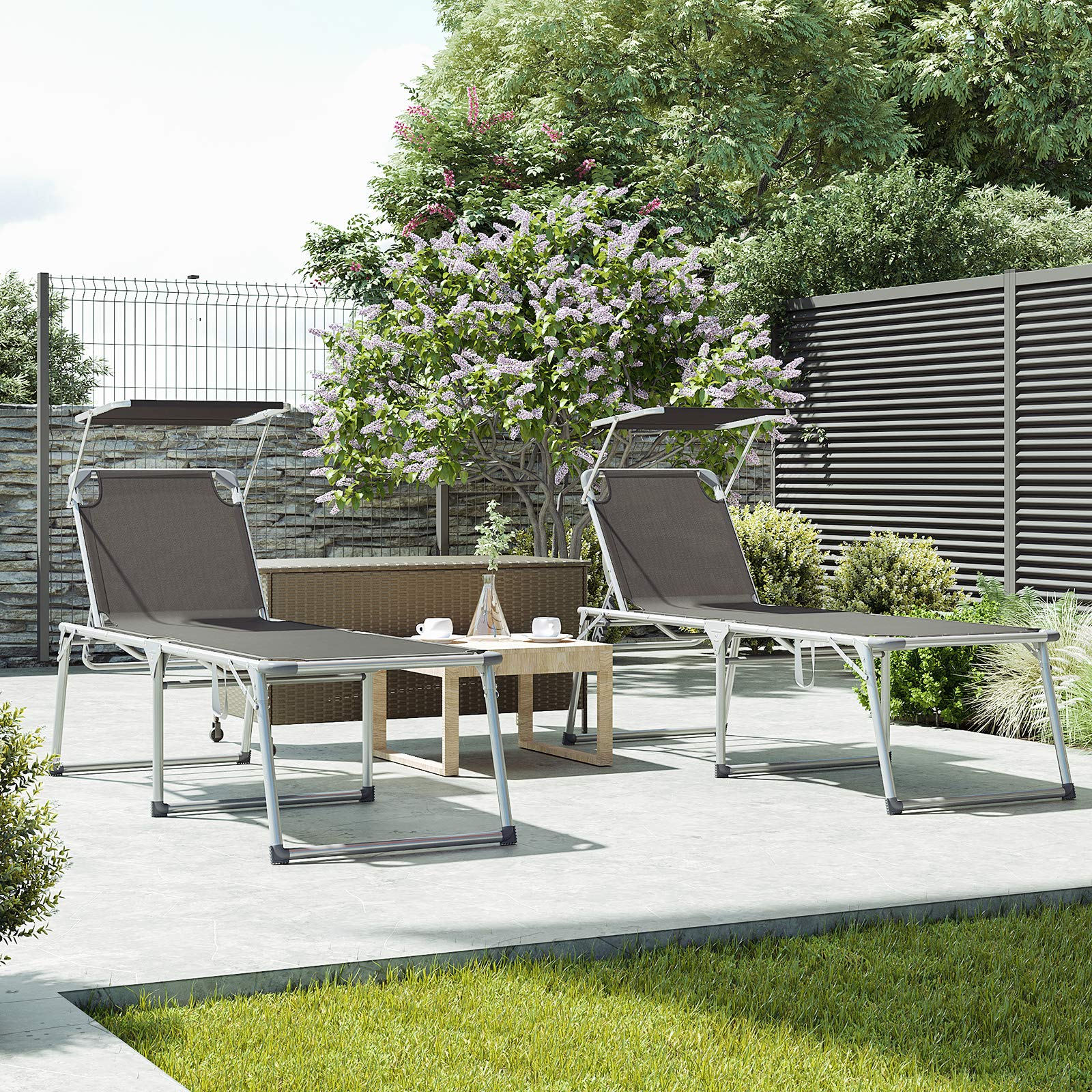 SONGMICS Sonnenliege mit Dach, Liegestuhl, Gartenliege, Aluminium, groß, 65 x 200 x 48 cm, bis 150 kg belastbar, Rückenlehne verstellbar, klappbar, Garten, Balkon, Terrasse, grau GCB26GY