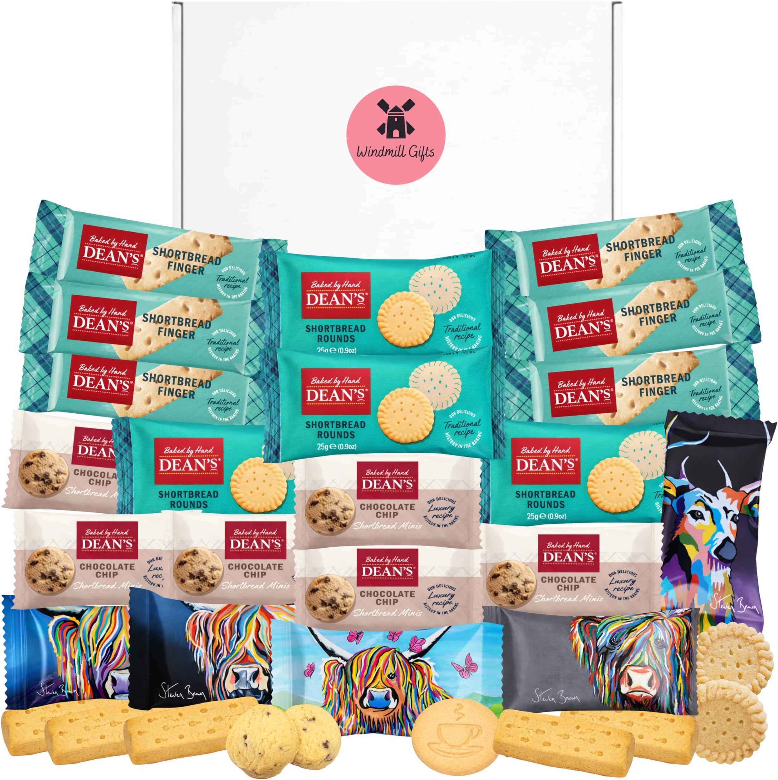 Shortbread Biscuits Gift Set Bundle With Deans Shortbread Individually Wrapped Biscuits - x6 Shortbread Fingers, x6 Choco Chip Minis, x4 Twin Short bread Rounds and x5 Steven Brown All Butter