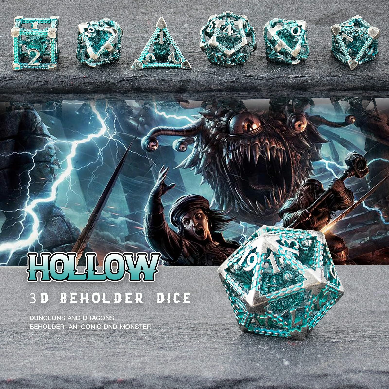 7 Pezzi Dadi Metallo D&D Dadi Poliedrici Dragon Eye D20 D12 D10 D% D8 D6 D4 Set (Blu argento antico)