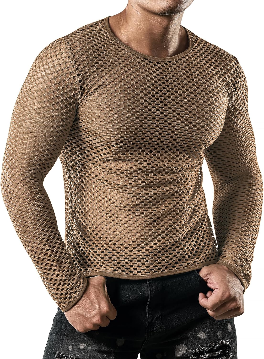 JOGAL Men's Mesh Fishnet Fitted Long Sleeve Muscle Top - Image 5