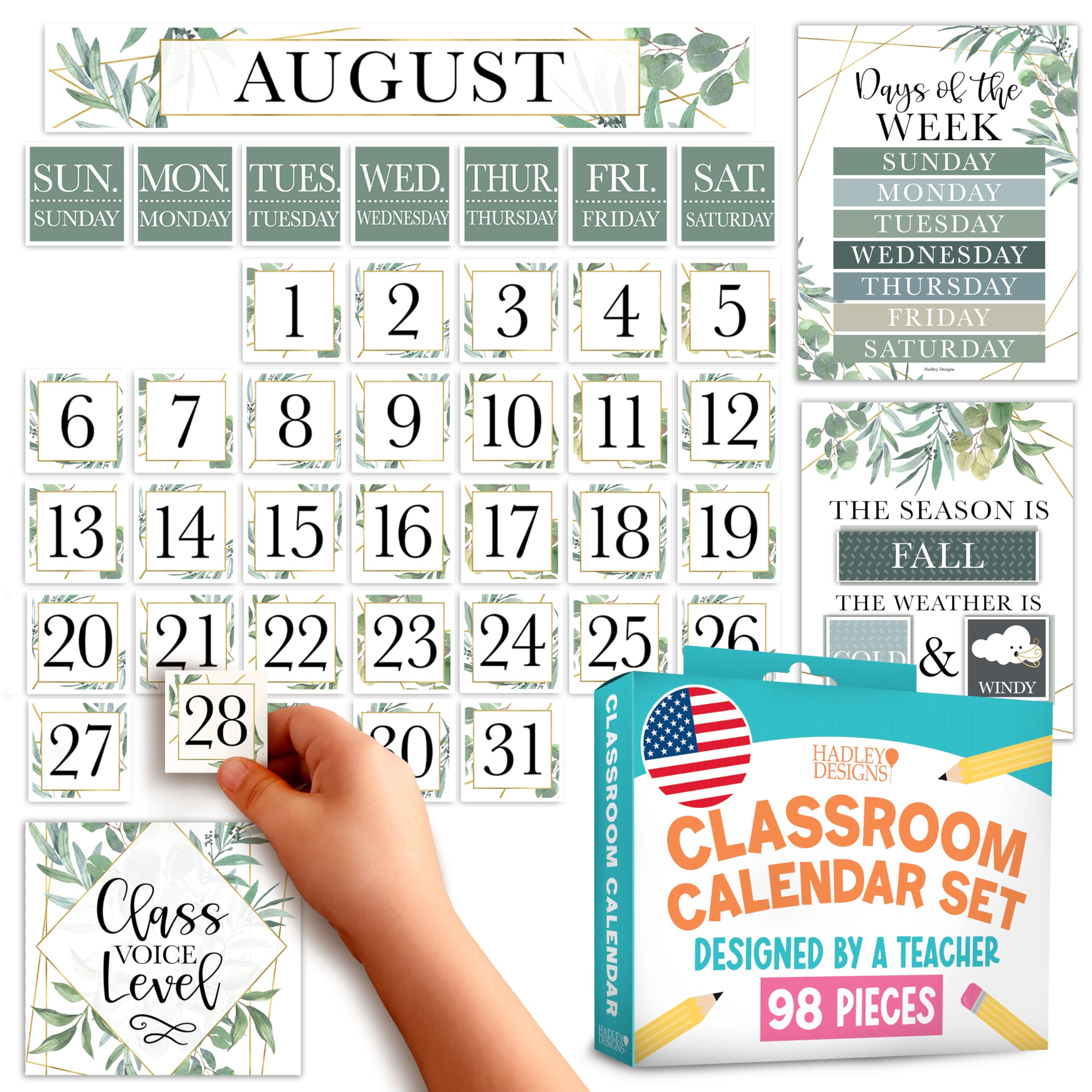 Classroom Calendar Set Bulletin Board Decorations - School Calendar for Classroom Elementary, Preschool Weather Chart Months of the Year, Homeschool & Daycare Essentials, Greenery Bulletin Board Sets