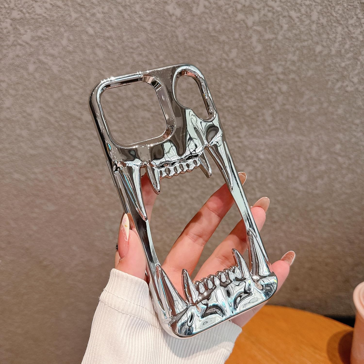 Gothic 3D Hollow Horror Devil Pattern Case for iPhone 16 Pro Max, [Luxury Chrome Color Plating] [Heat Dissipantion Thermal Design] Shockproof Bumper for Halloween- Silver - Image 5