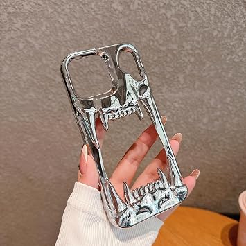 ゴシック 3D ホロー ホラー デビルパターン ケース iPhone 15 Pro Max用 ラグジュアリークロームカラーメッキ 放熱性サーマルデザイン 耐衝撃バンパー ハロウィン用 - シルバー