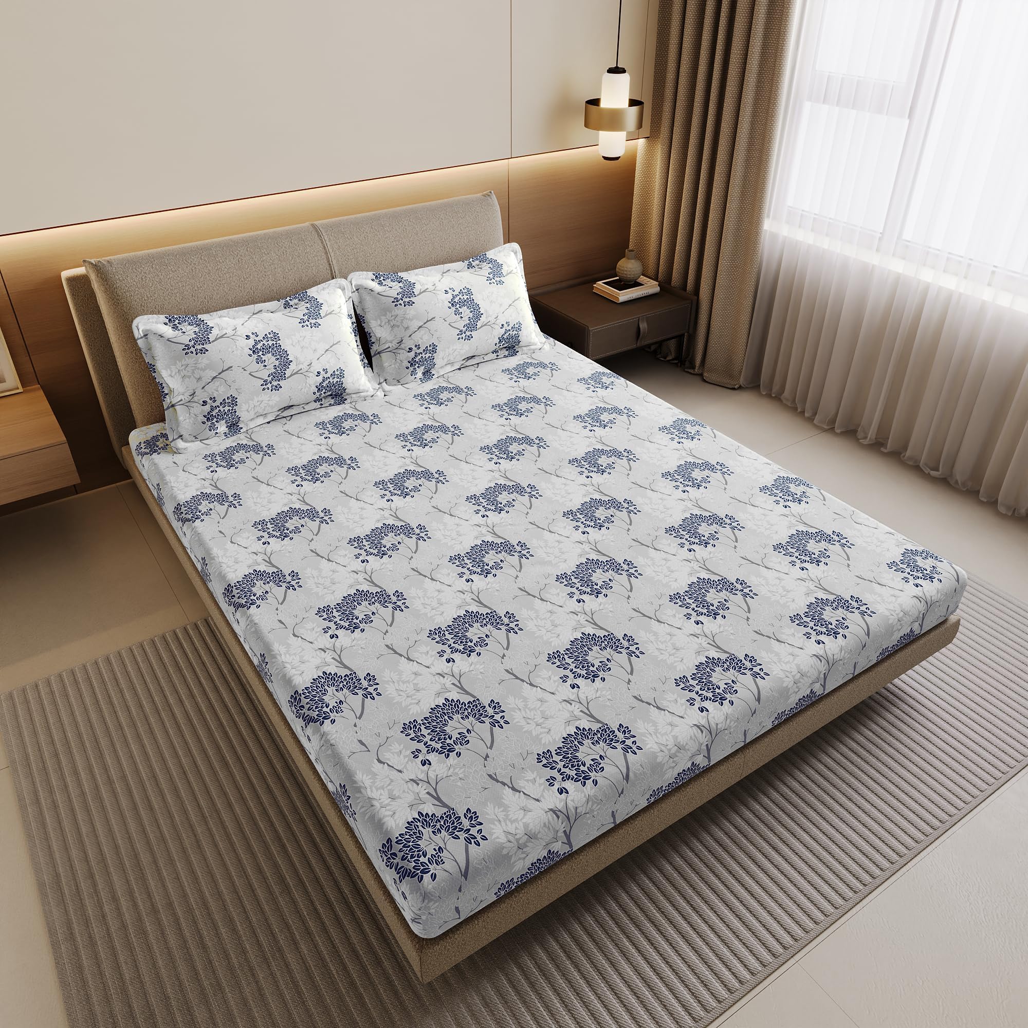 Divine Casa 144 TC 100% Cotton Double Bedsheet for Double Bed with 2 Pillow Covers | Soft Breathable Comfortable Bedding Set | Modern Printed Bedsheet for Bedroom & Guest Room (Grey Blue, Floral)