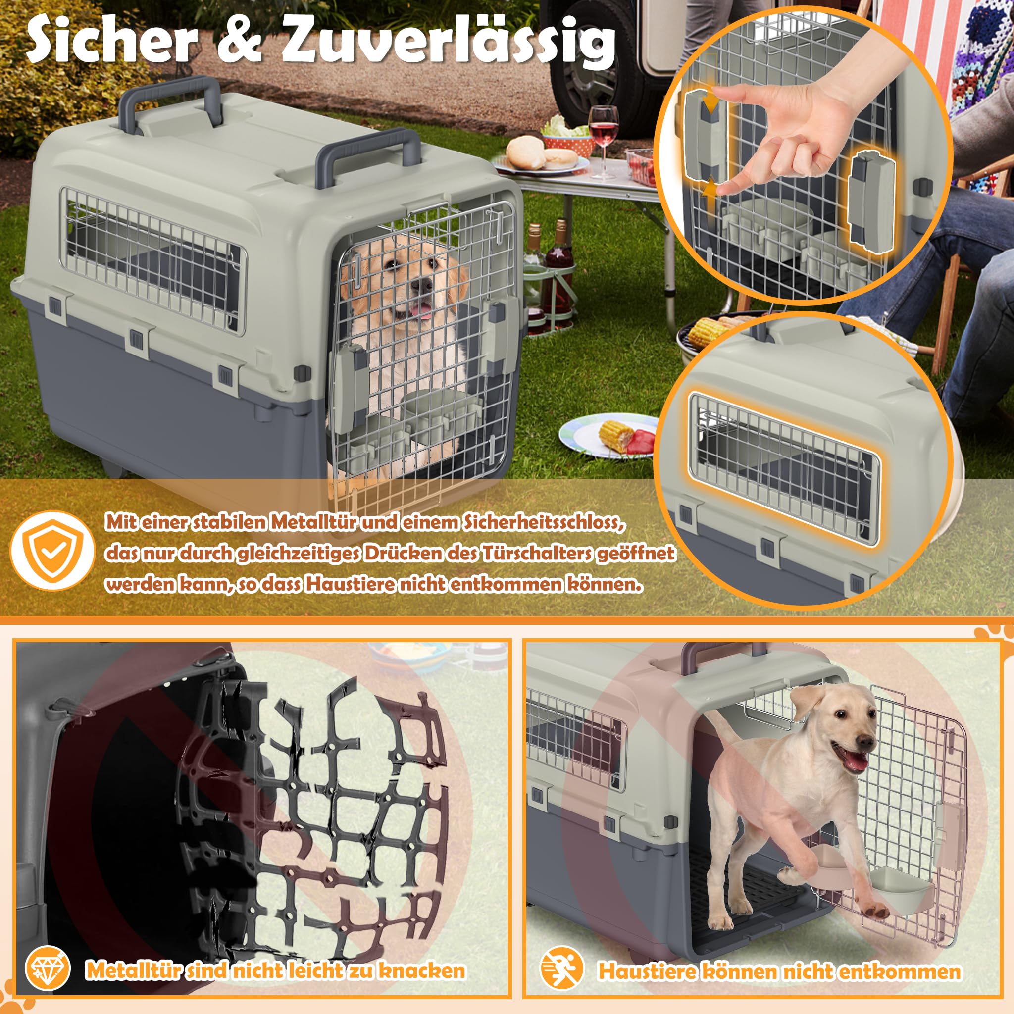 Froadp Trasportino per animali domestici, cani, gatti, in plastica PP, 80 x 57 x 70 cm, trasportino per gatti con ruote e distanziatori per urine e ciotole da appendere