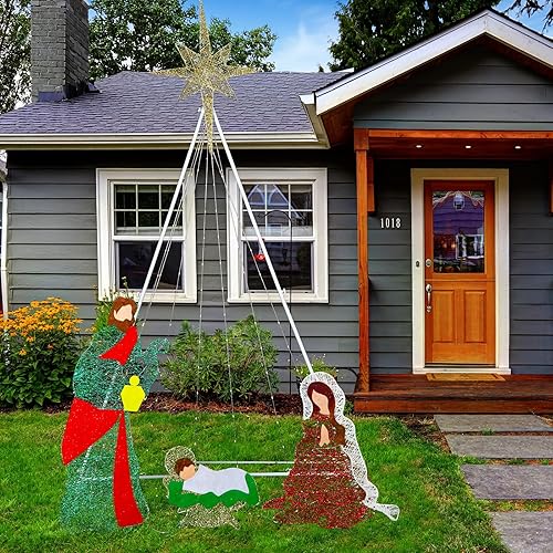 Miniatura 8 de Zonon Belén de Navidad iluminado de 5.9 pies, juego de belén grande para exteriores, decoración de patio con 180 luces LED blancas, decoraciones de