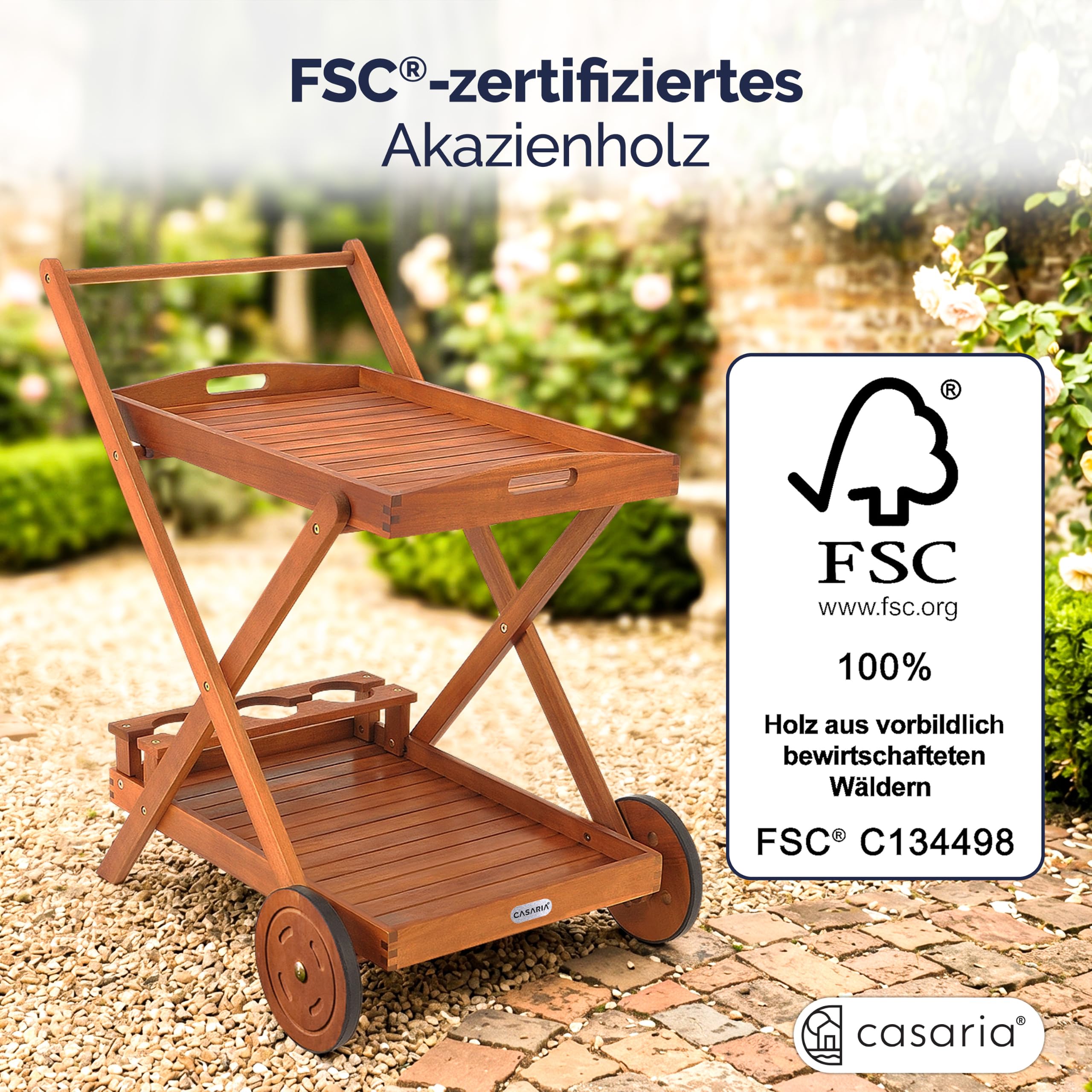 Casaria® Servierwagen mit Rollen Holz FSC®- Zertifiziert Akazie 2 Etagen Tablett 3 Flaschenhalter Outdoor Küche Garten Terrasse Küchenwagen Rollwagen