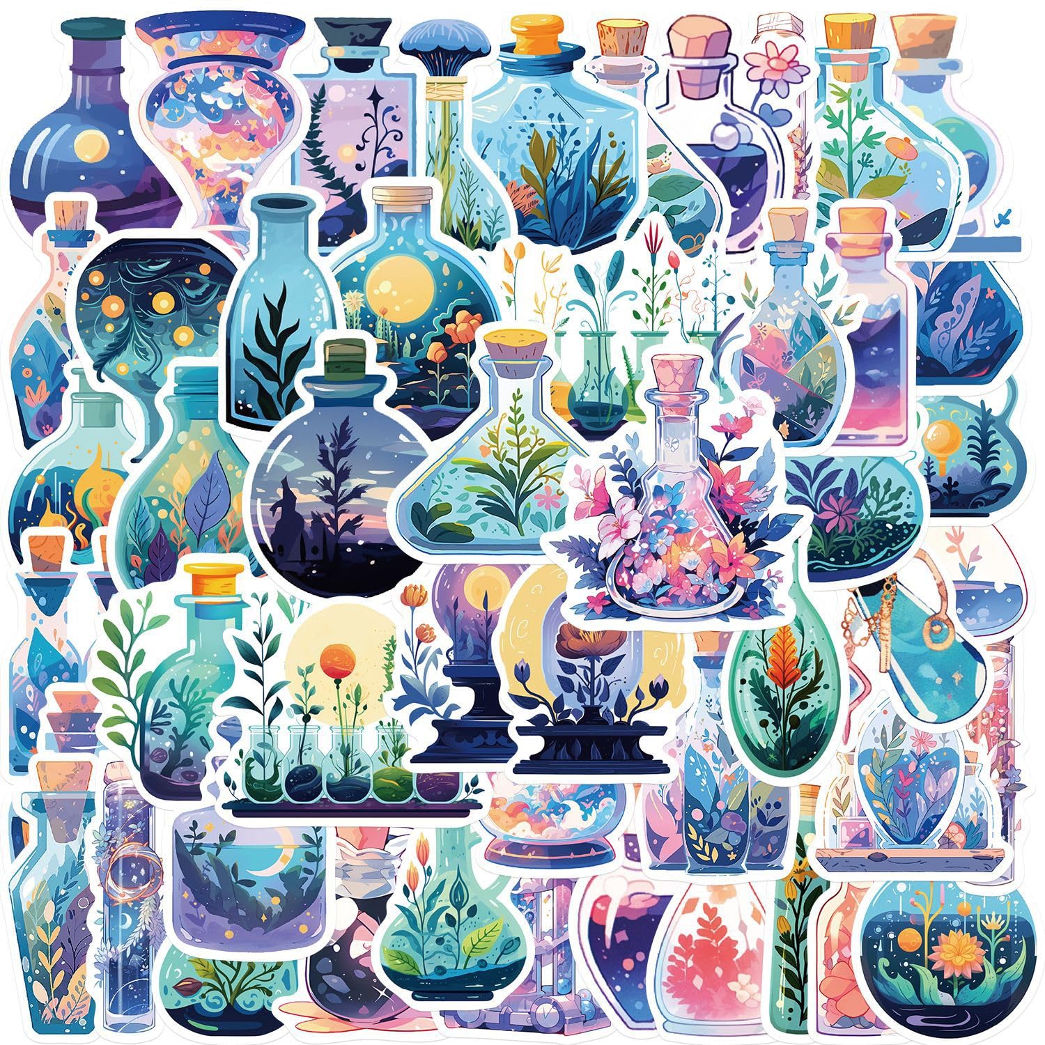 50Pcs Fantasy Nature Botanical Magic Potion Bottle Stickers – Cute Plant Floral Apothecary Stickers for Journals, Laptops, Water Bottles,Scrapbooking