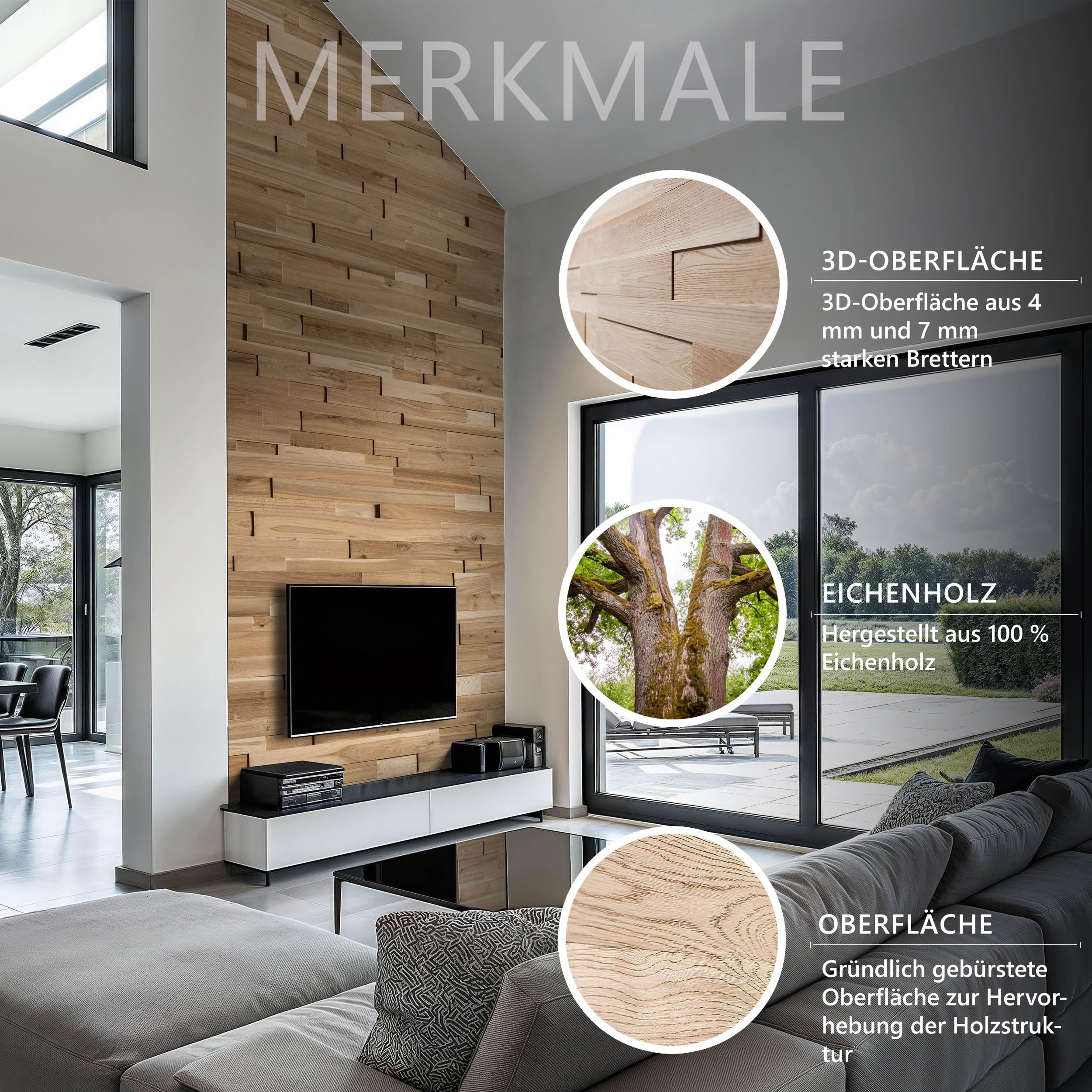 Wandverkleidung aus Eiche, 3D Wandpaneele, Wooden Wall Design, model OZO Rustic (1m2)