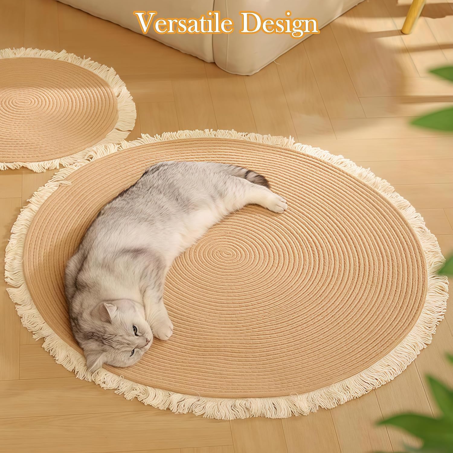 Cotton Rope Area Rug for Cats, Cat Scratching Rug, Washable Round Vintage Reversible Woven Tassel Rug, Soft and Stylish Home Accent, Easy Clean, Multiple Sizes (Gray, 40" (100cm))