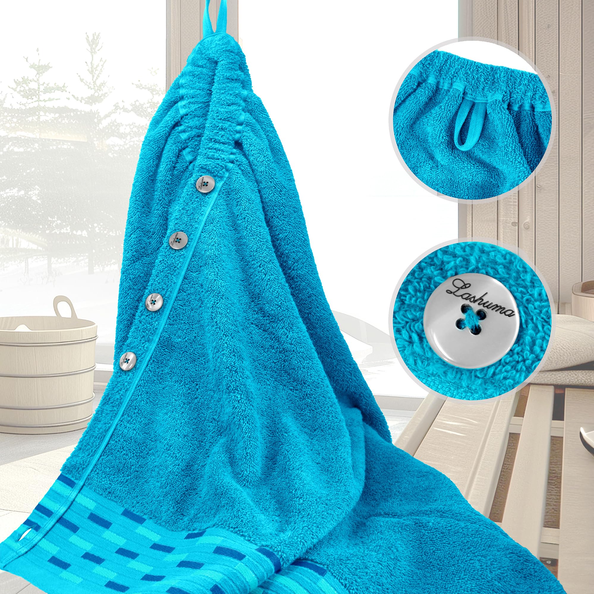 Lashuma Saunakilt Damen 75x150 cm | Lugano Saunahandtuch mit Knöpfen | Premium Saunatuch Blau - Aquamarin | Flauschig & Weich