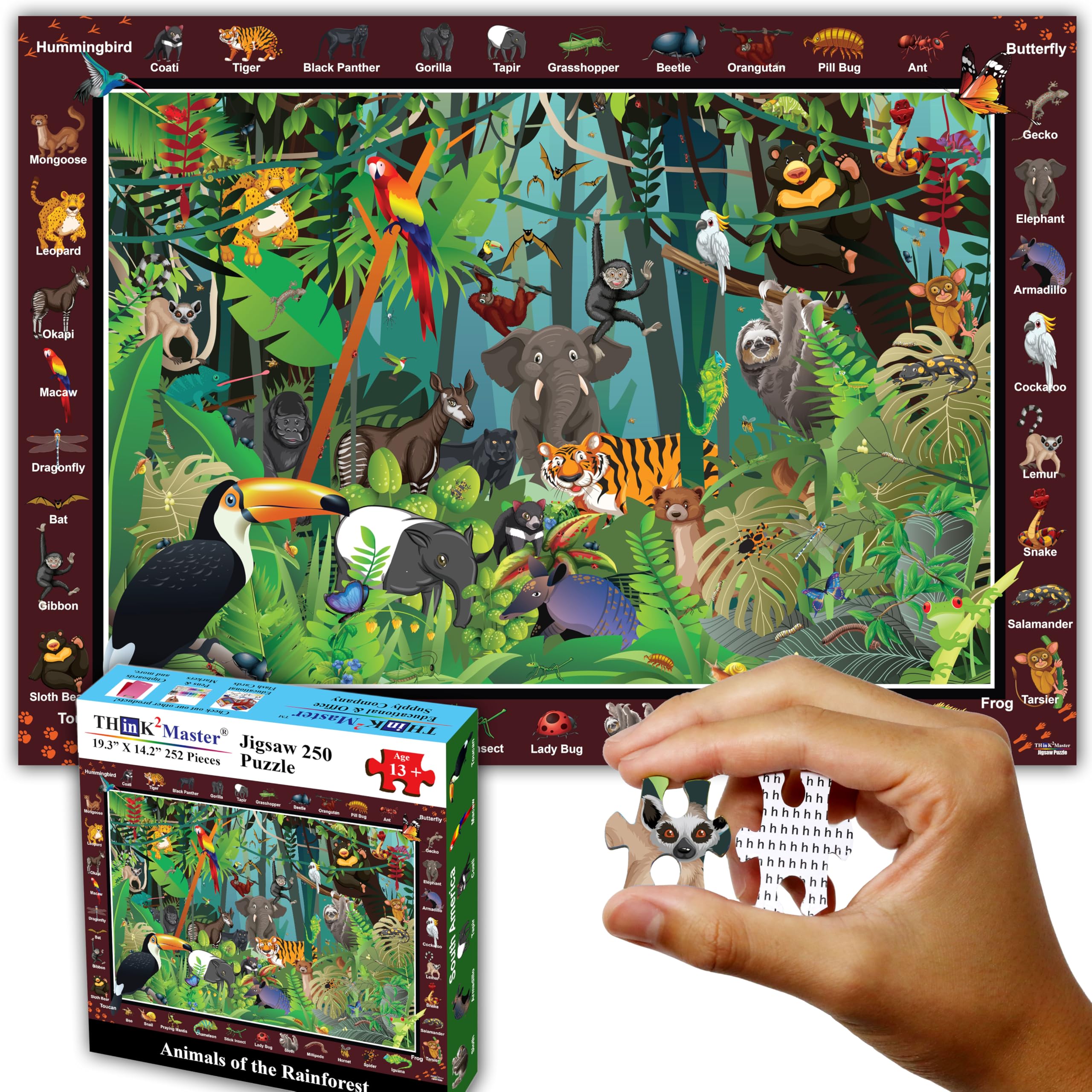 Think2Master Colorful Rainforest Jungle Zoo Animal 250 Pieces Jigsaw Puzzle Fun Puzzle for Teens, Adults & Seniors. Great Gift with Larger Pieces 14.2” X 19.3”