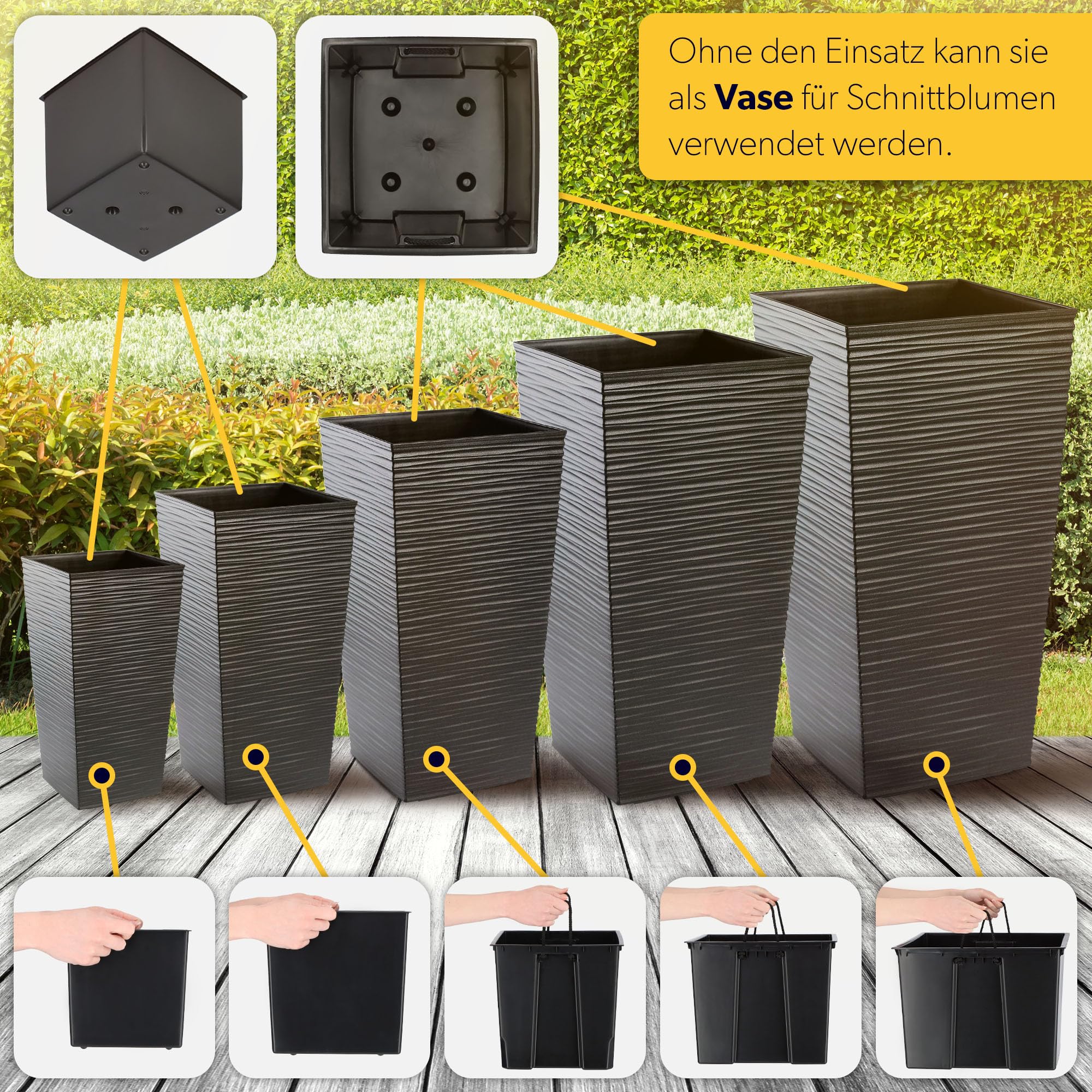 KADAX 3er Set Pflanzkübel mit Innentopf 36/46,5/57,5 cm Höhe, Grafit – wetterfeste & robuste Blumenkübel aus Kunststoff, Blumentöpfe für Innen- & Außenbereich