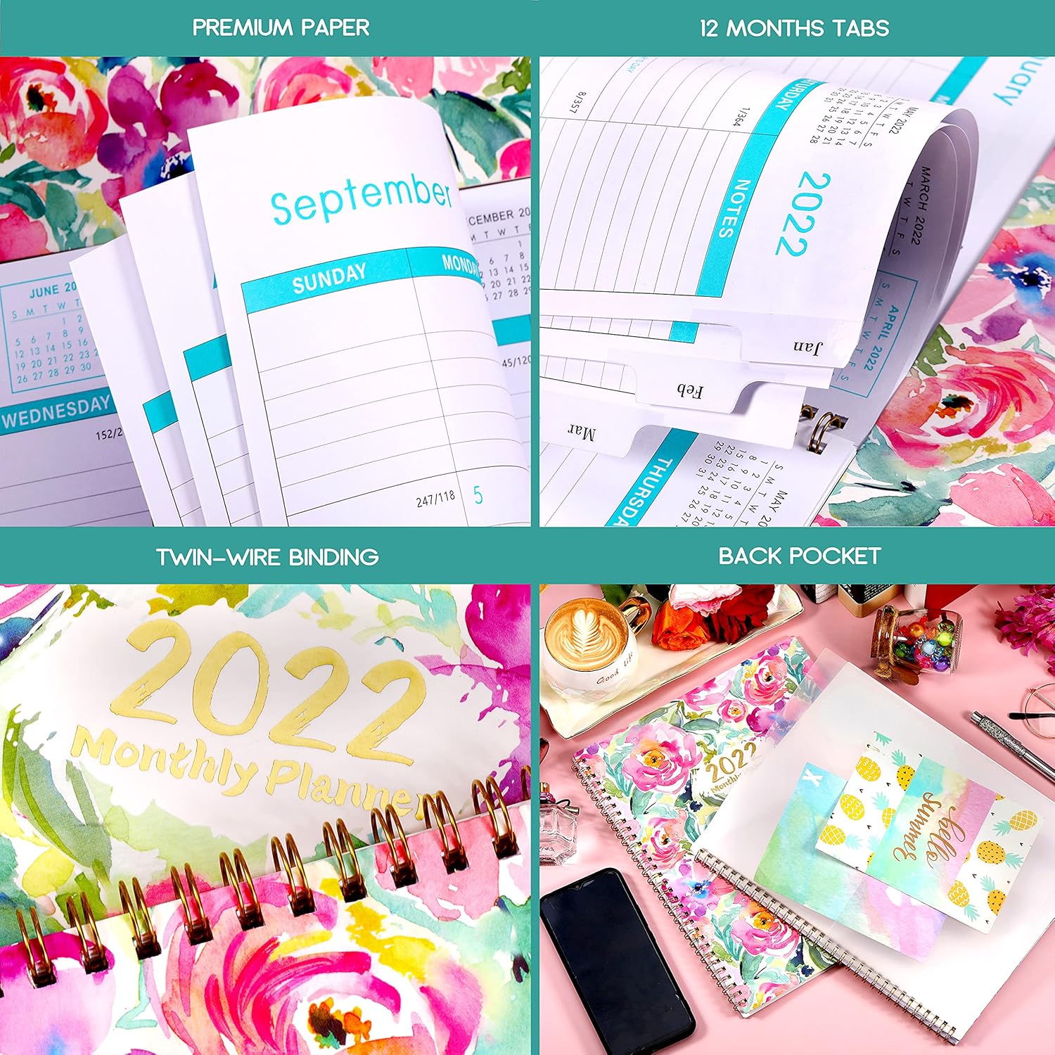 2022 Planner - Monthly Planner 2022 from January 2022 - December 2022 with Tabs & Pocket & Label, Contacts and Passwords, 8.8" x 11.2", Thick Paper, Twin-Wire Binding : Everything Else