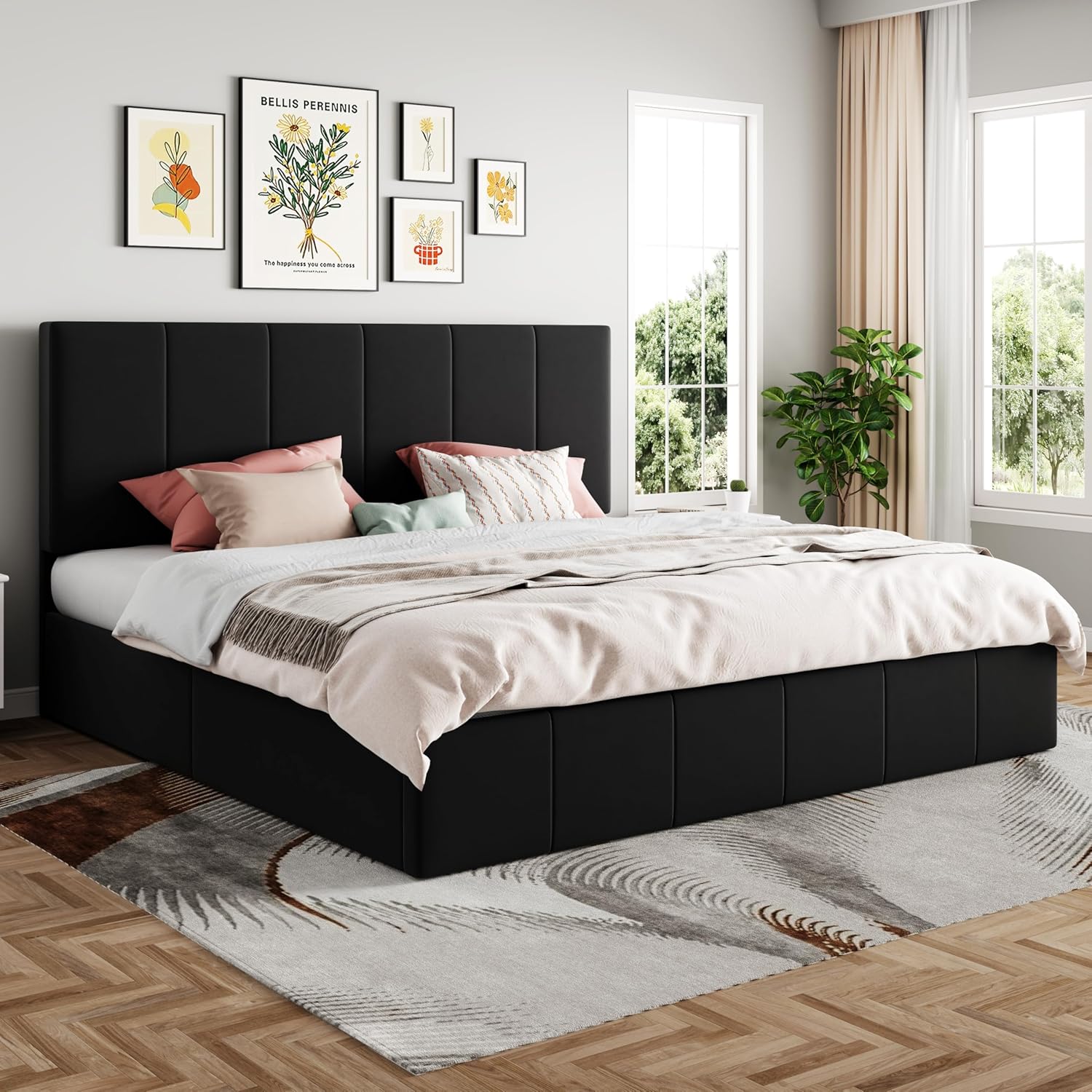 SHA CERLIN King Size Lift Up Storage Bed Frame, Adjustable Headboard, Hydraulic Support, Velvet Upholstered, Easy Installation, No Box Spring Needed, Black