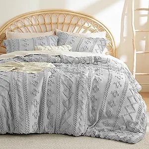 Bedsure Tufted Boho Comforter Set King Size - Light Grey Boho Bed Set, GentleSoft™ 3 Pieces Farmhouse Shabby Chic Embroidery Bedding, Gifts for Woman, Soft Jacquard King Comforter for All Seasons