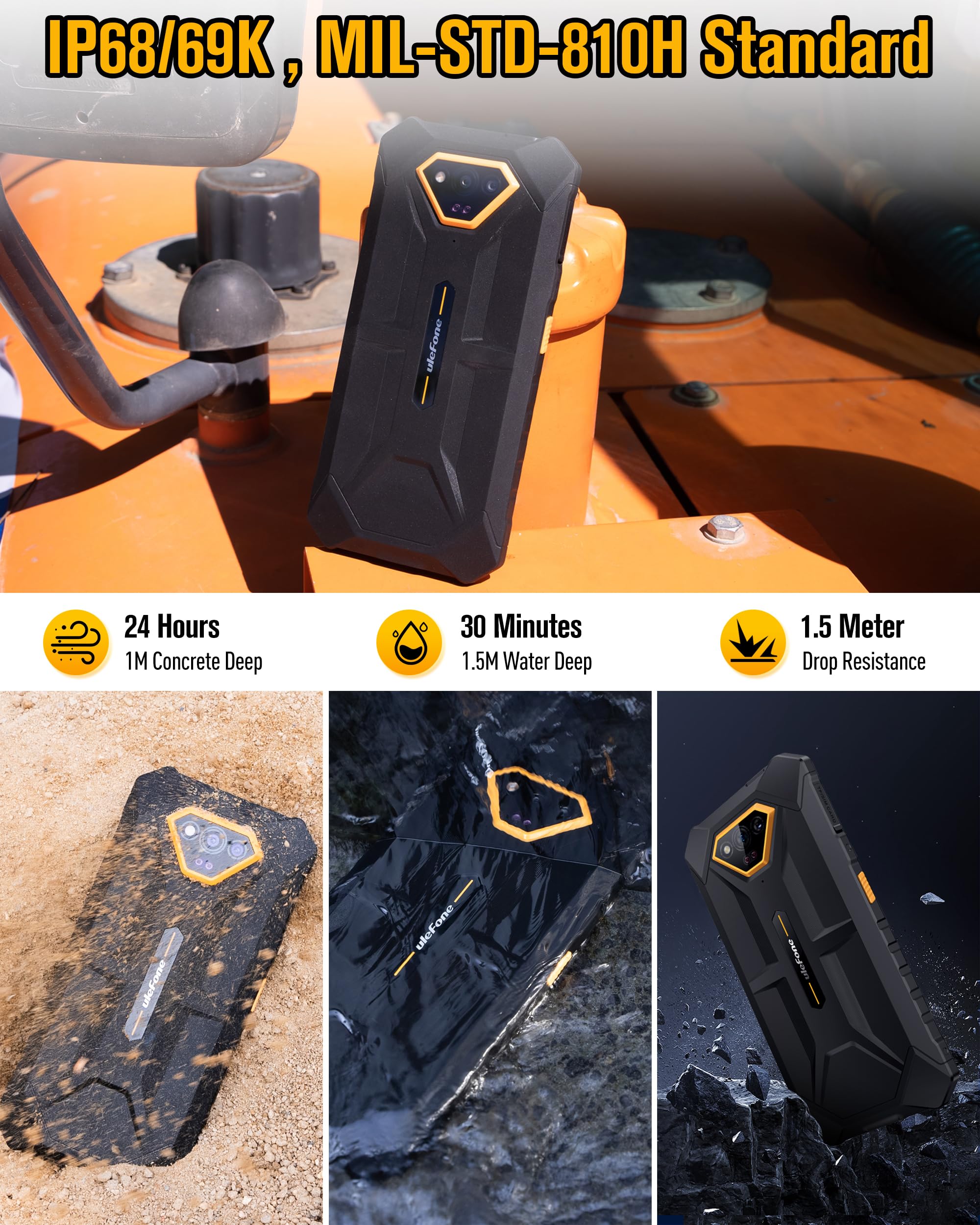 Ulefone Armor X13 Outdoor Smartphone Android 15, 12GB + 64GB/SD-256GB 6320mAh Akku, IP68/IP69K Outdoor Handy, 50MP+24MP Nachtsichtkamera, 5GHz Wi-Fi/NFC/OTG/GPS Dual SIM Schwarz 2 Jahre Garantie
