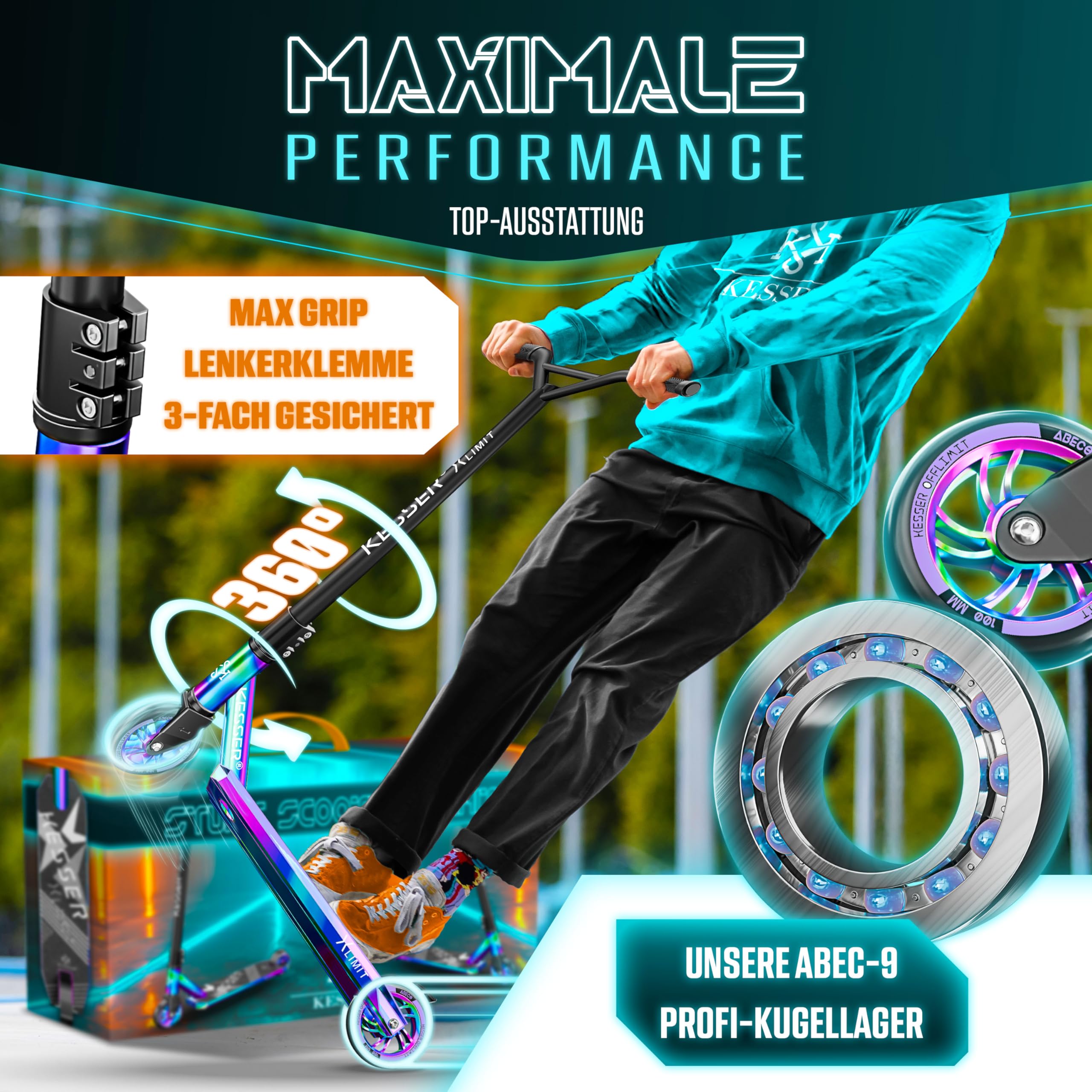 KESSER® Trottinette Stunt X-Limit - Direction à 360° - Robuste - Avec roulements à billes ABEC 9 - Roues PU 100 mm - Trottinette de ville, d'acrobatie - Pour enfants et adultes