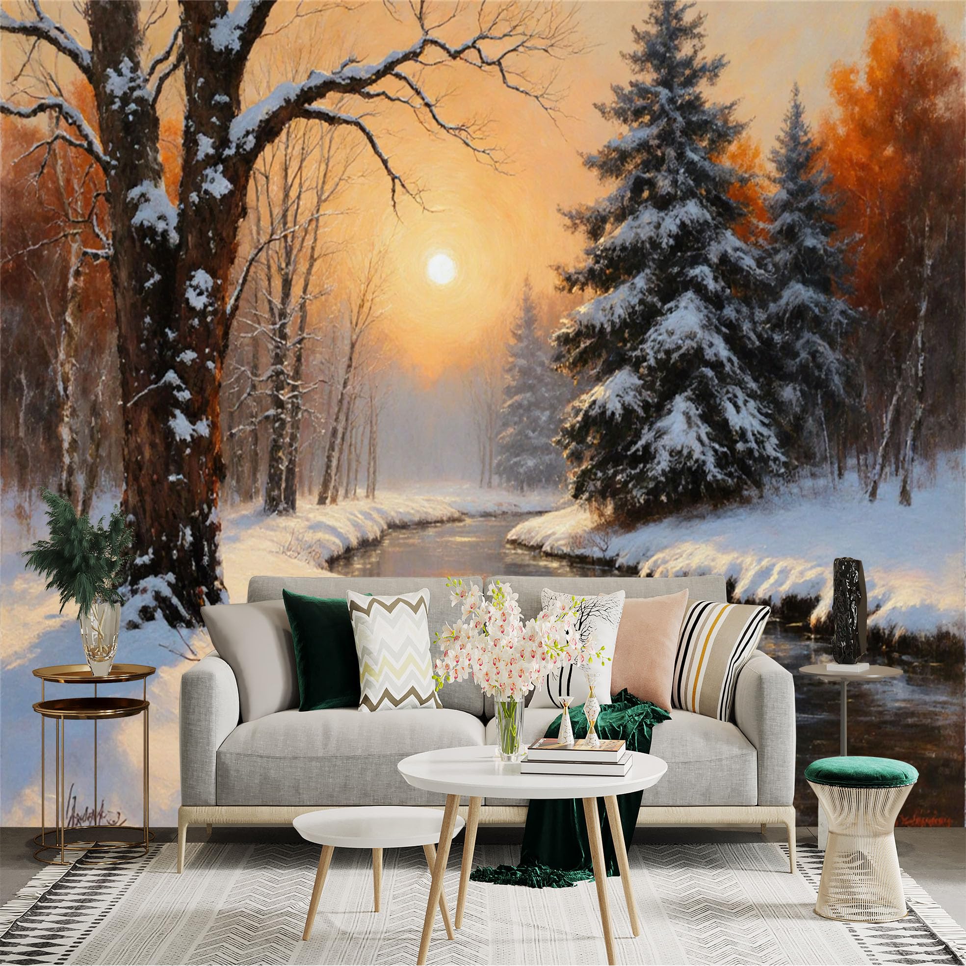 Custom Size Wall Sticker Mural， Winter Forest with River， Snow Covered Trees and Sunset Glow， for wall Decoration， peelandstick wall Decals.