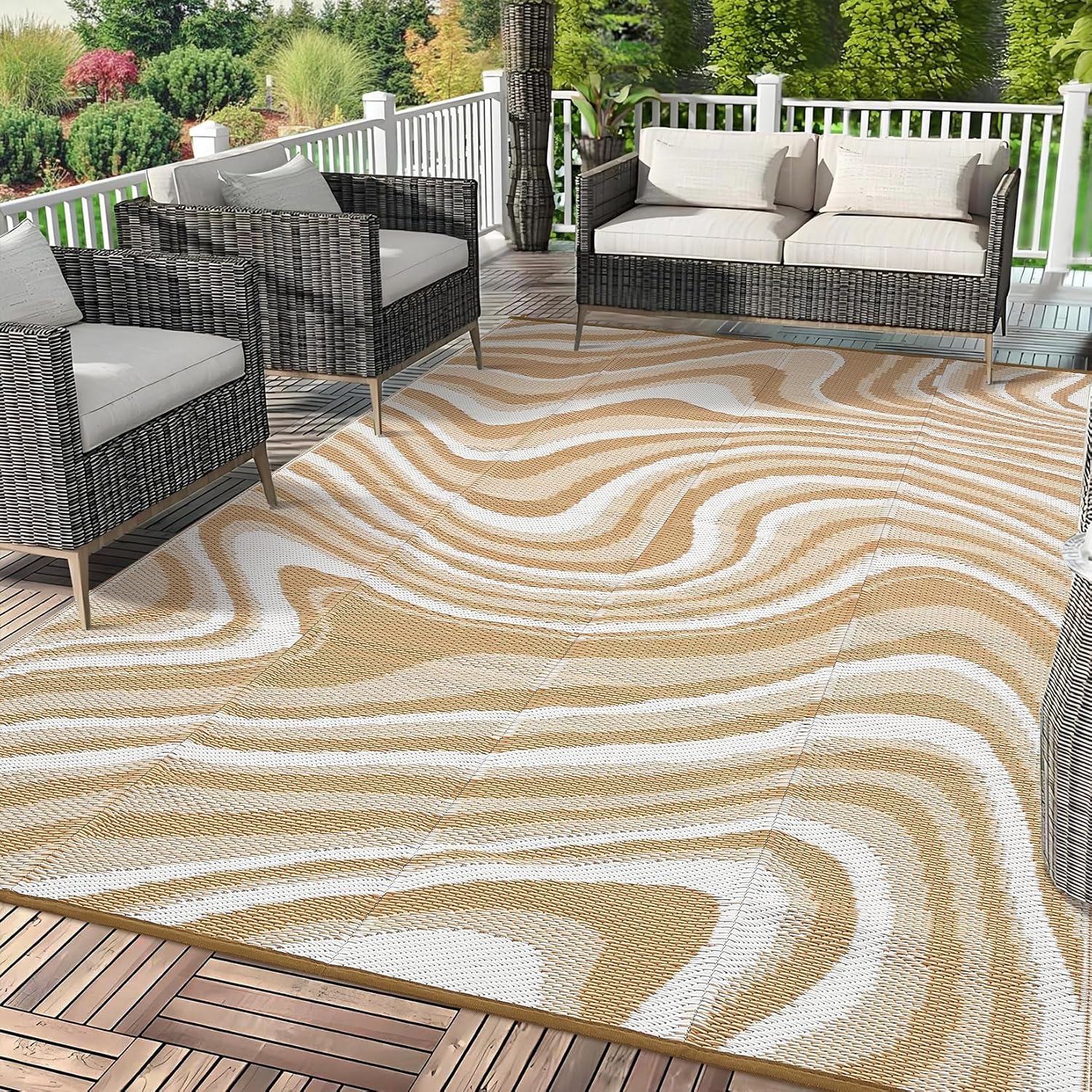 Patio Modern Abstarct Outdoor Rug 10x14 Waterproof Large Reversible Camping Mat Foldable Lightweight Plastic Straw Outdoor Rug for Deck, Camper, Balcony, Beach, Rv，Brown/Coffee/White