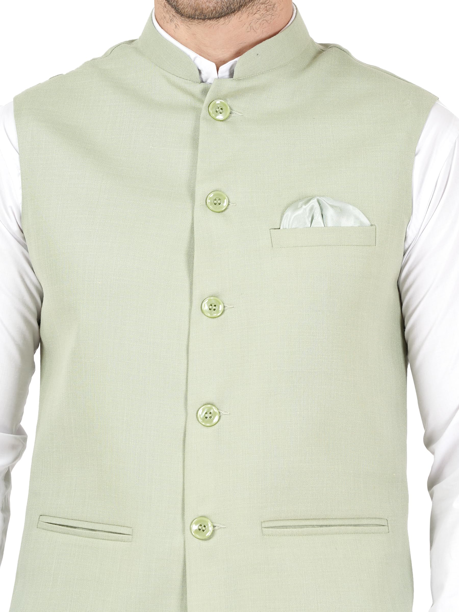 Badoliya & Sons Men’s Nehru Jacket Formal Ethnic Waistcoat, Front Button Closure Perfect for Weddings & Traditional Occasions (Light Green, 40) - Image 3 thumbnail