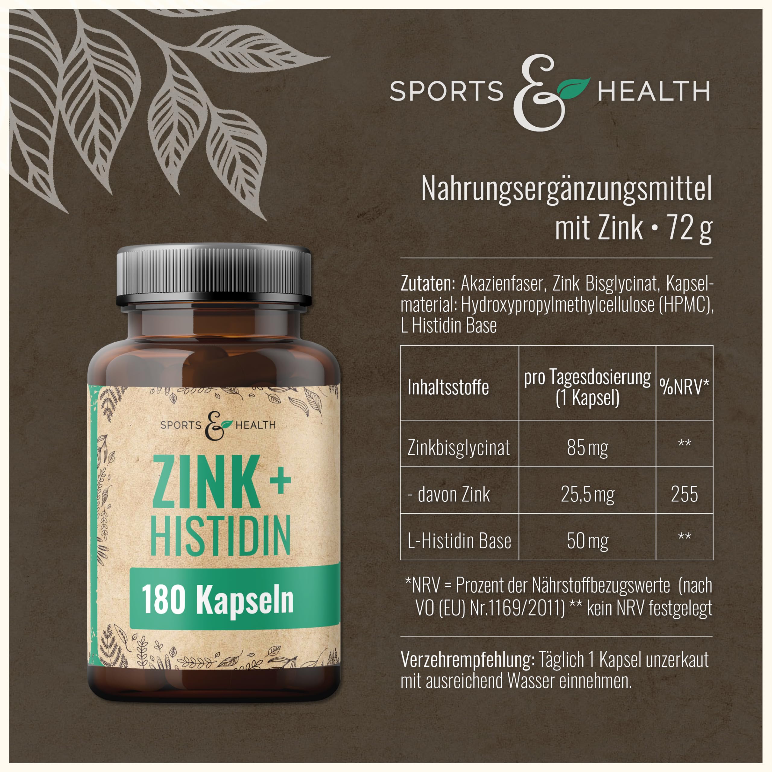 180 Zink Histidin Kapseln – Hochdosiert mit 25,5mg pro Tagesdosierung – Hochwertige Zink Kapseln anstatt Tabletten – in Deutschland produziert