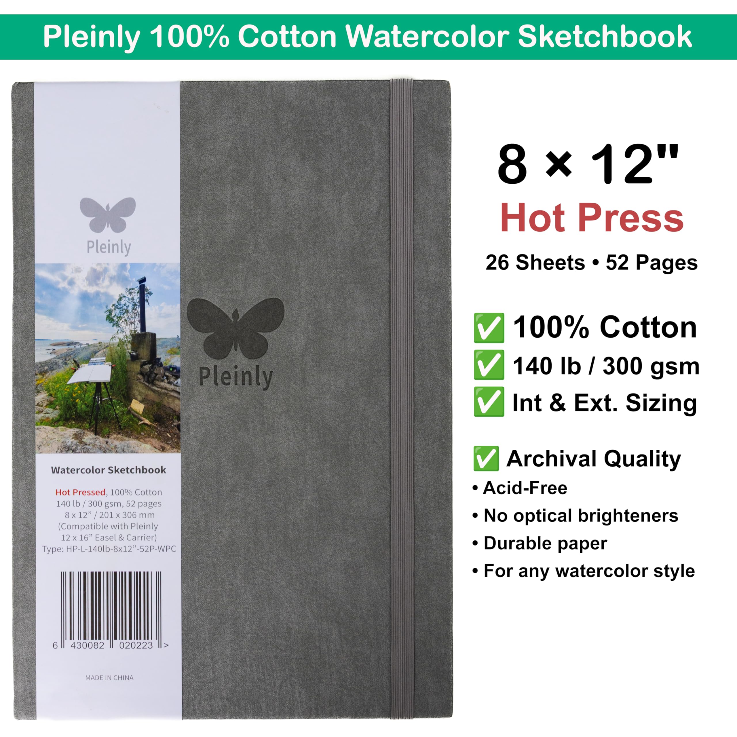 2 cuadernos de bocetos PLEINLY de acuarela 100% algodón HP y CP, papel tipo L, tamaño grande de 8 x 12 pulgadas, 140 libras/300 g/m², 2 x 52 páginas, vertical, cabe en un soporte de panel húmedo, tapa