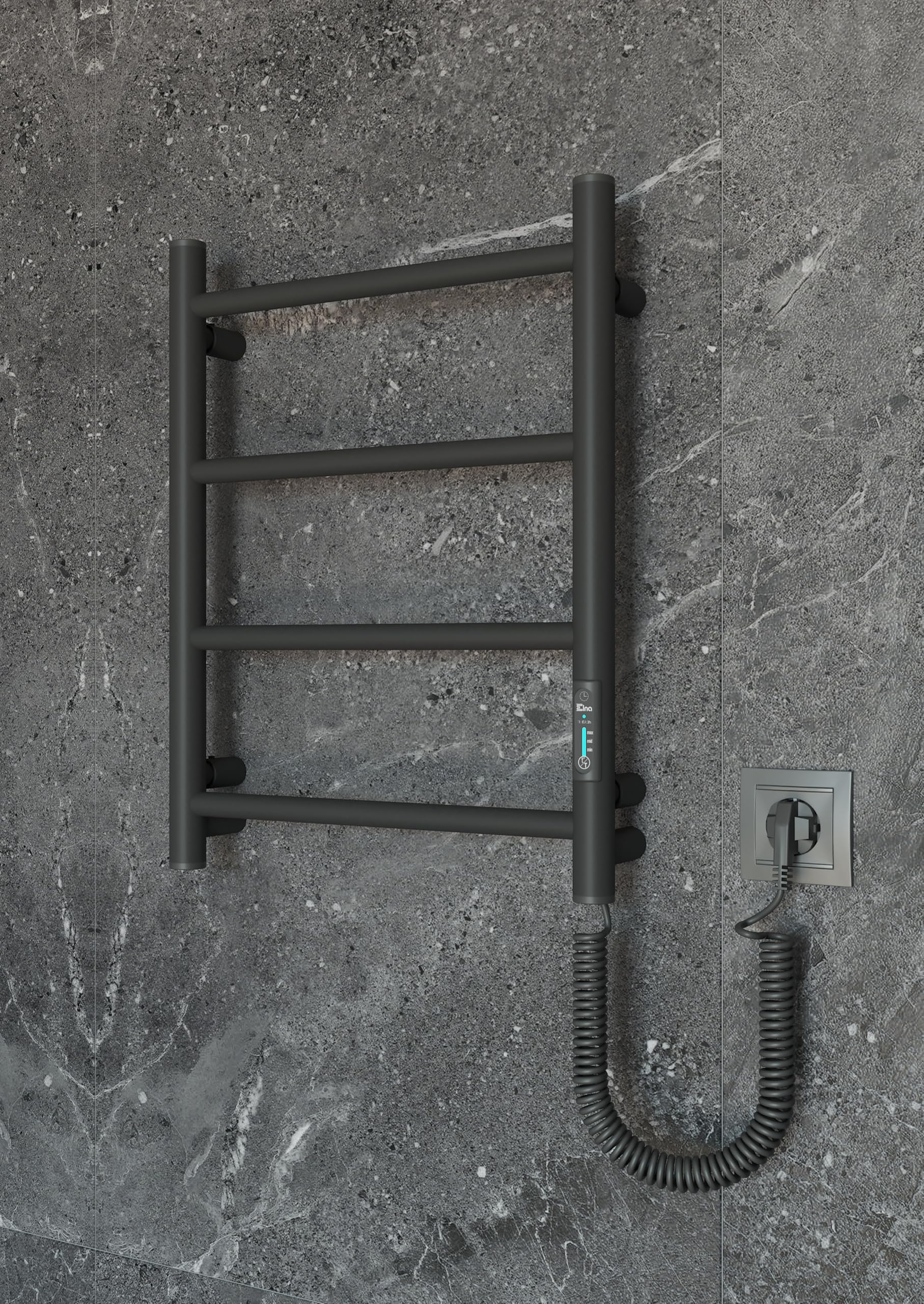 Elegancki czarny elektryczny grzejnik na ręczniki 510 x 400 mm – 45 W – termostat i timer – IP44 – do designerskich łazienek i hoteli