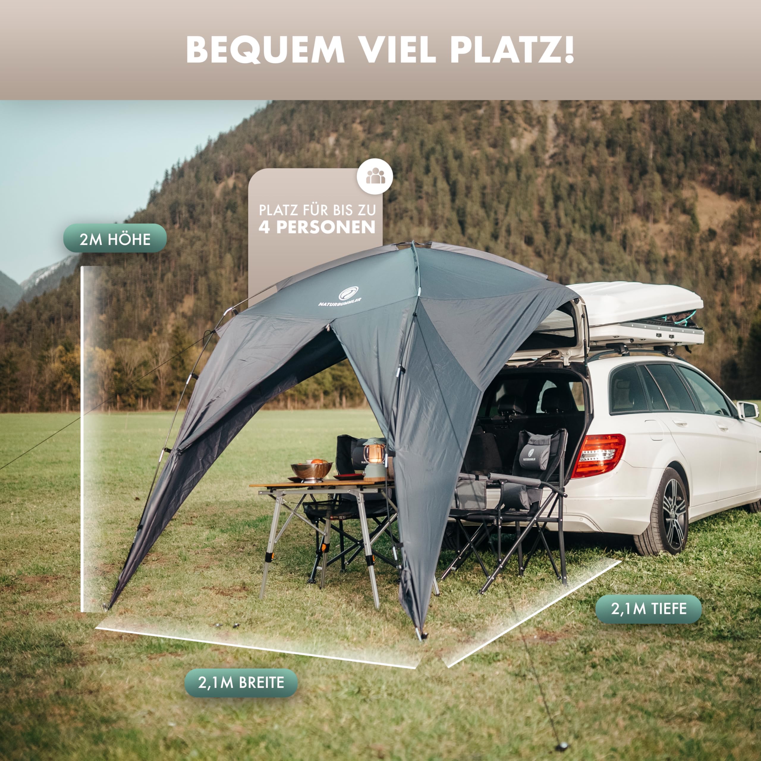 NATURBUMMLER Heckzelt Auto [UV50+ & wasserdicht] Heckklappenzelt für SUV, Van & Kombi – Autozelt mit Saugnäpfen & Reißverschlusstür (2m Stehhöhe) – ideal für Camping & Reisen (Grün)