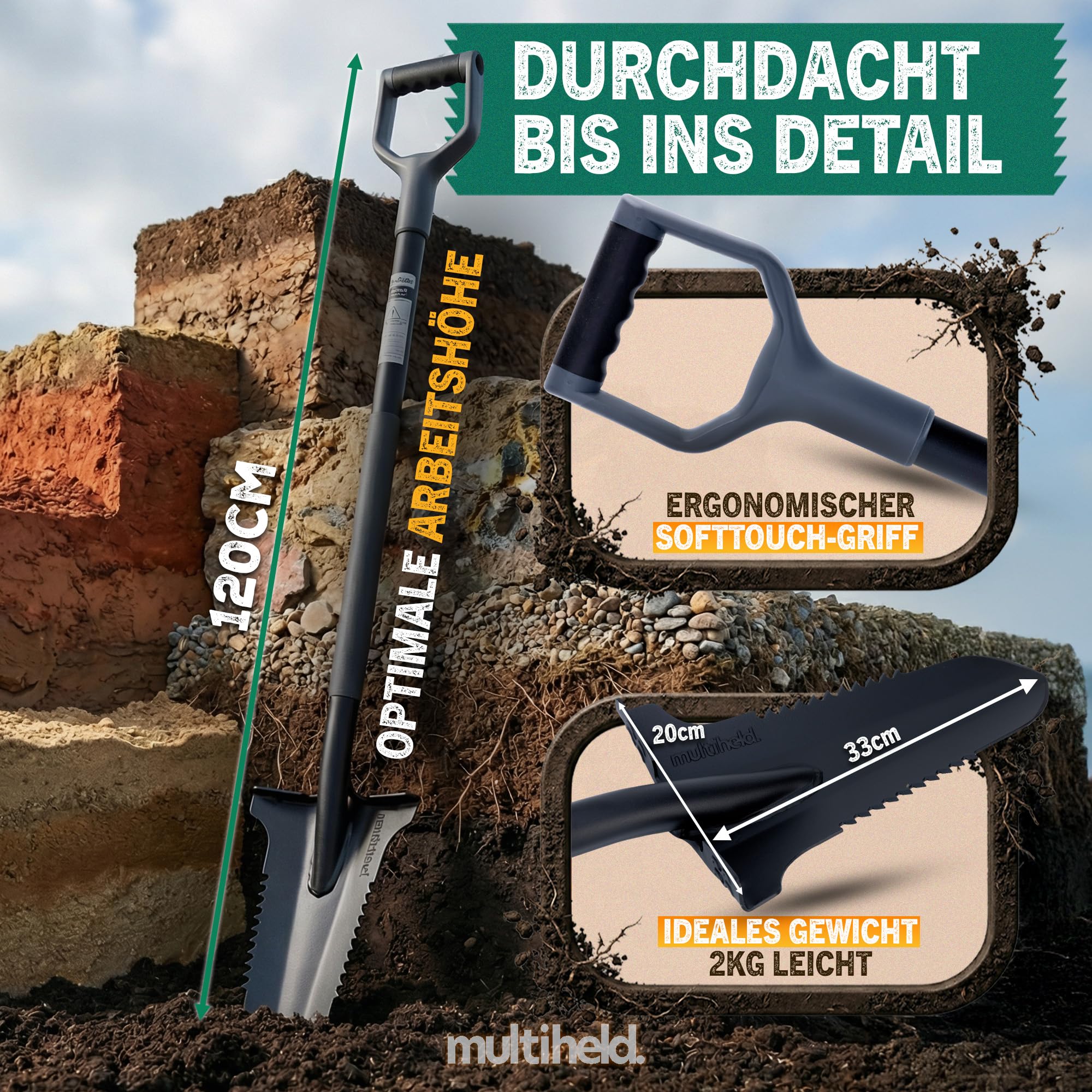 Spaten Garten Wurzelspaten mit Wurzelsäge 120 cm – Gartenspaten für Harte Böden, 1050Mn Stahl, ergonomischer Softtouch-Griff, extra breite Trittkante, Robustes Gartenwerkzeug (grau)