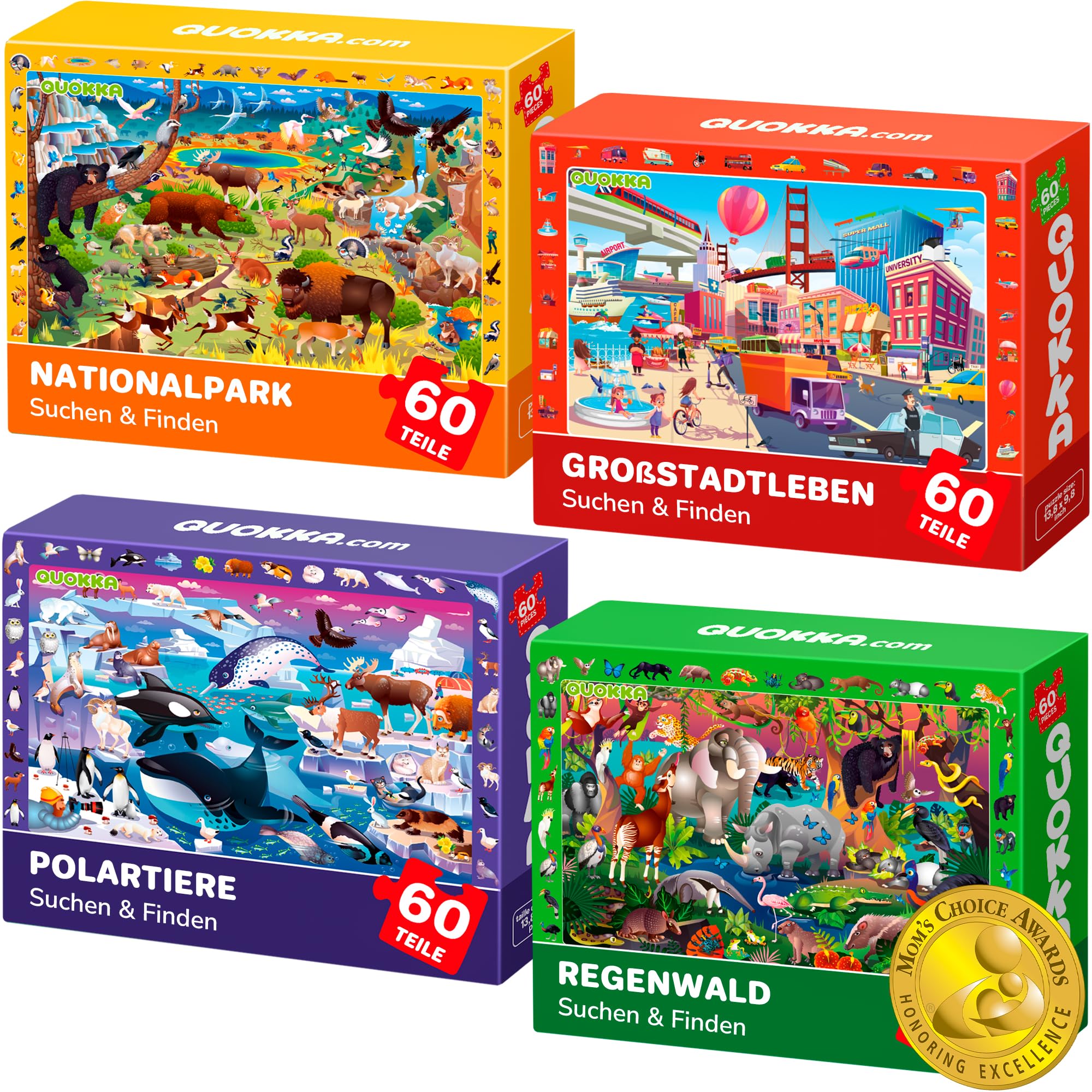 QUOKKA Puzzle ab 4 5 Für Kinder - 4x60 Teile Rahmenpuzzle ab 5 6 Jungen und Mädchen - Puzzle Spiele mit Stadt, Polar, Regenwaldtiere - Geschenk Spielzeug für Kinder 6 7 8 Jahre