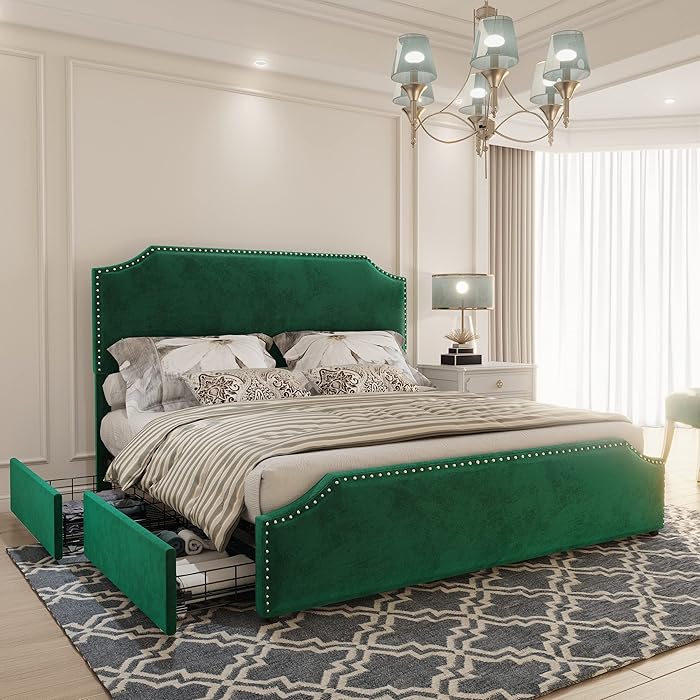 Buy Amerlife Queen Size Bed Frame with 4 Storage Drawers and Headboard