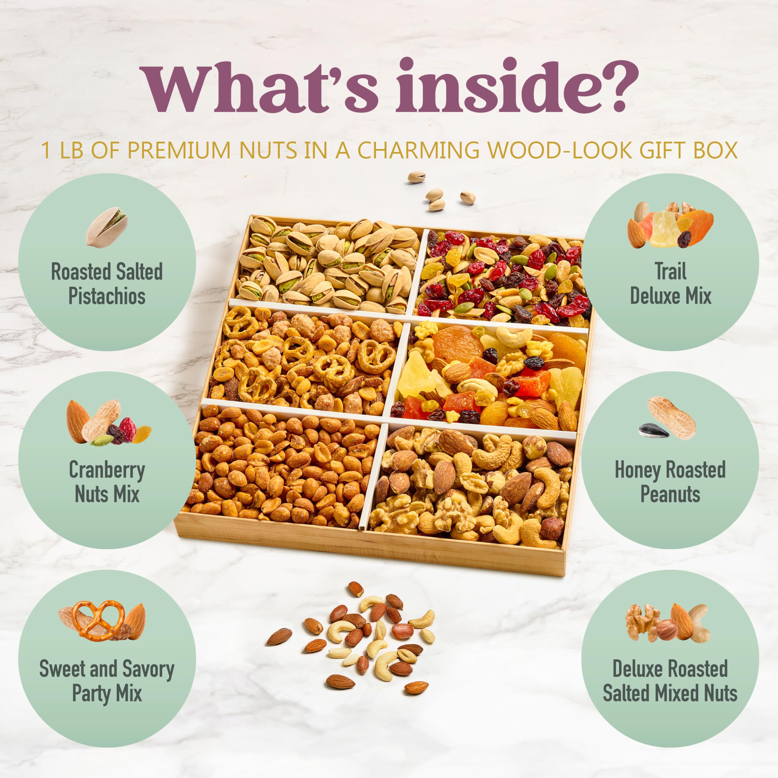 Mixed Nuts Gift Basket - Sympathy Gift Baskets for Adults Gourmet Mixed Nuts Variety Pack, 6 Assortment Healthy Snack Tray, Great Gifts for Men