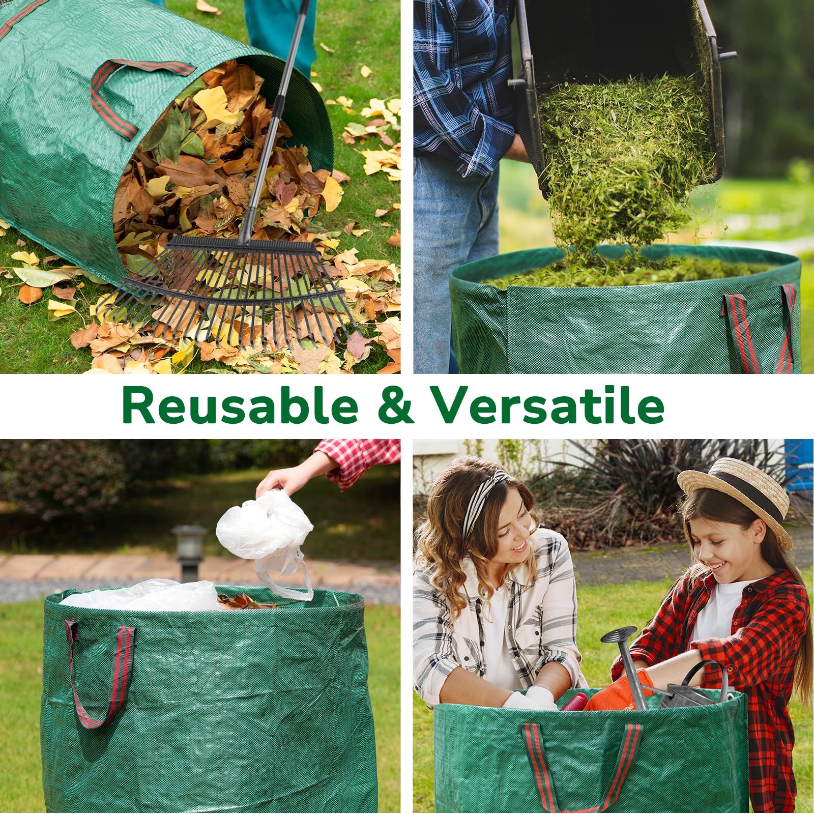 GreatBuddy Bolsa de basura reutilizable de 132 galones, resistente, bolsas verticales para césped con 4 asas reforzadas para recoger hojas de jardín y residuos, ligera
