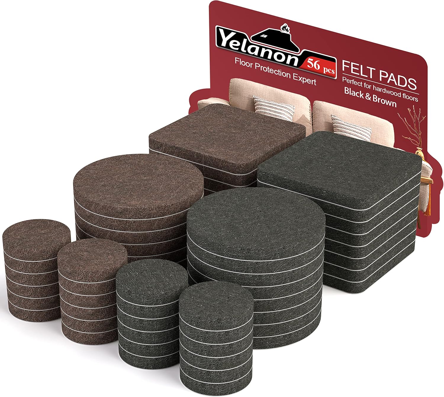 Felt Furniture Pads -56 Pcs(1+2)” Furniture Pads Hardwoods Floors SelfAdhesive,Cuttable Felt Chair Pads,Anti Scratch Floor Protector for Furniture Feet Chair Legs, Furniture Felt Pads,Black & Brown