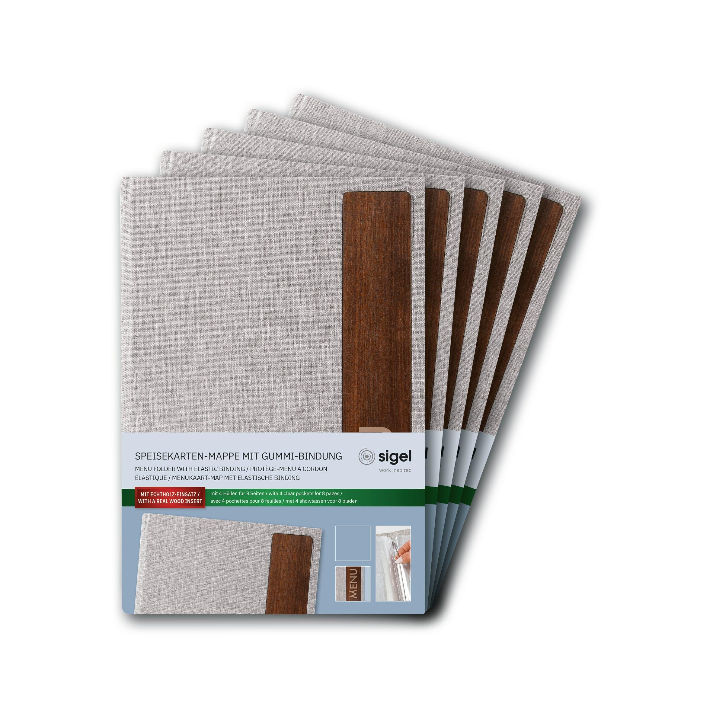 SIGEL SM223/5 Porta-menú - 5 unidades - incl. 2 fundas transparentes dobles para 8 páginas - encuadernación elástica - A5 - gris claro/marrón