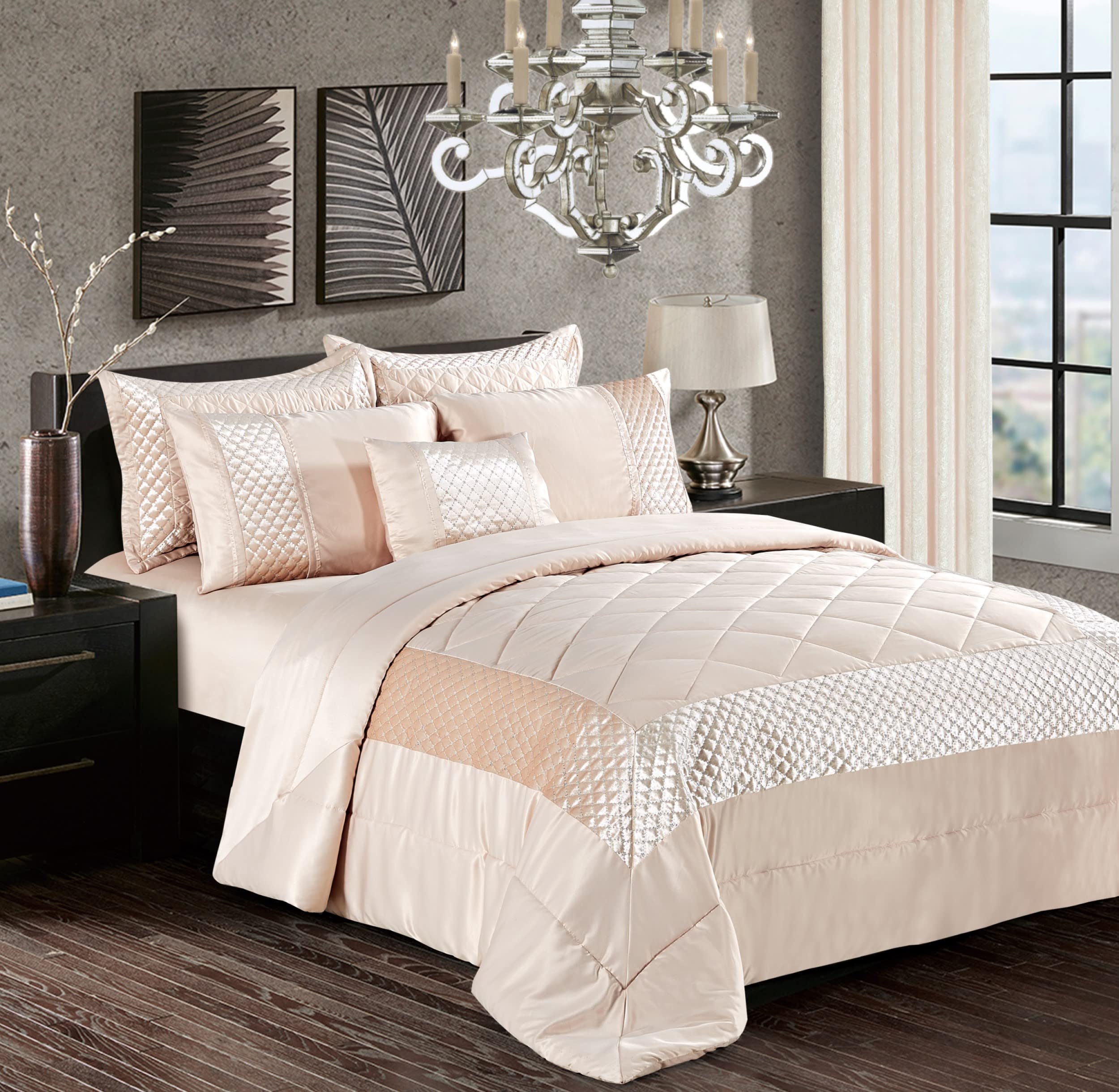 PRIME LINENS Luxury 3 Pcs Quilted Bedspread Bedding Set Comforter Bed Throw with Matching Pillow Shams Satin Sequence Design Easy Care (Beige, Double)