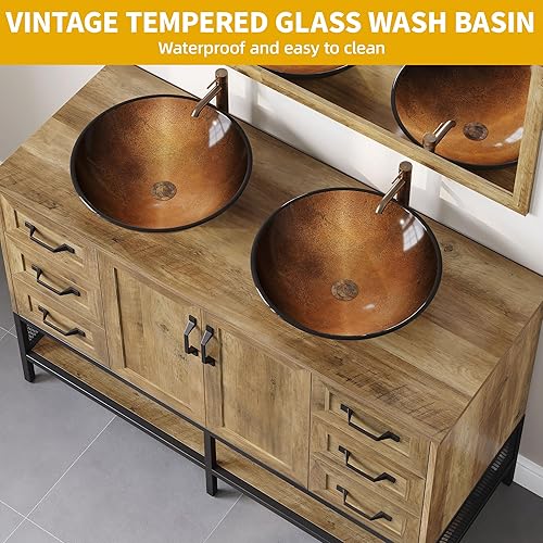 Miniatura 4 de DWVO Tocador de baño doble rústico de 48 pulgadas, color marrón oscuro con doble fregadero y cajones laterales, armario y estante, gabinete de baño