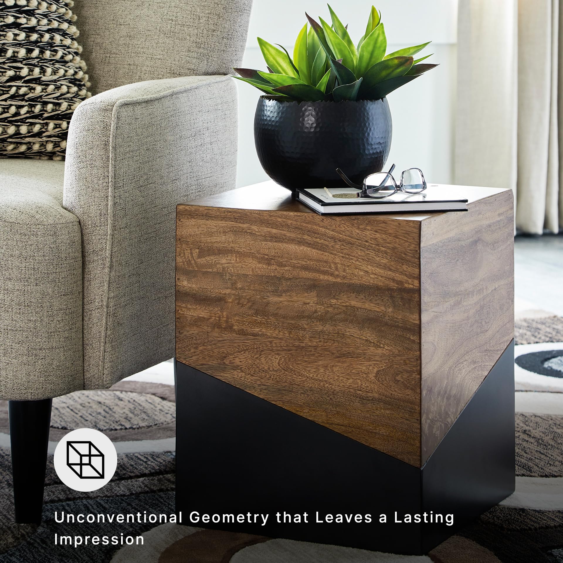 Signature Design by Ashley Accent End Table, Trailbend, Brown/Gunmetal | Solid wood and engineered wood, No assembly required, 15-inch square footprint, Modern two-tone finish, Living room use